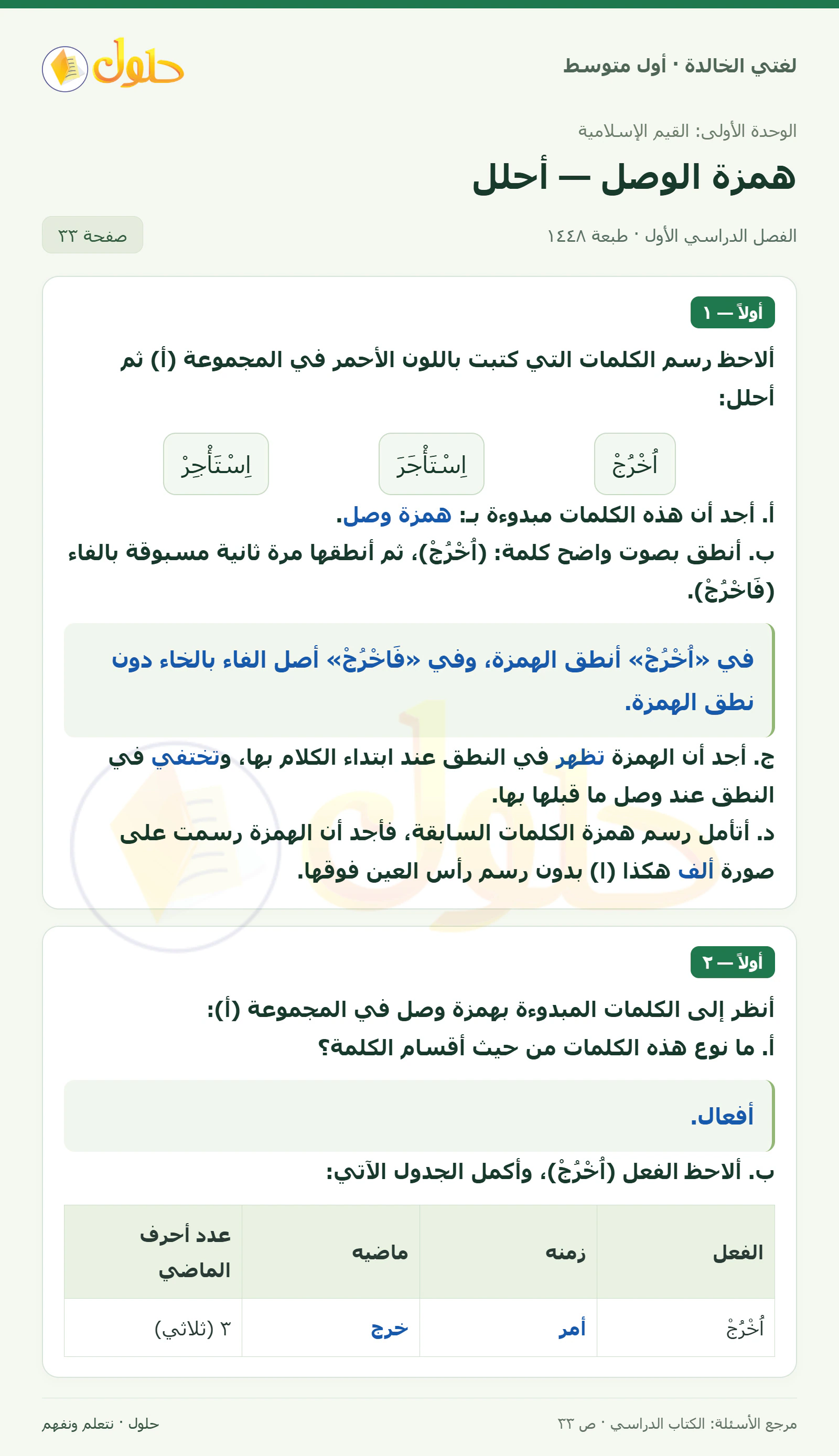 حل لغتي الخالدة للصف الأول المتوسط صفحة 33 الجزء 1