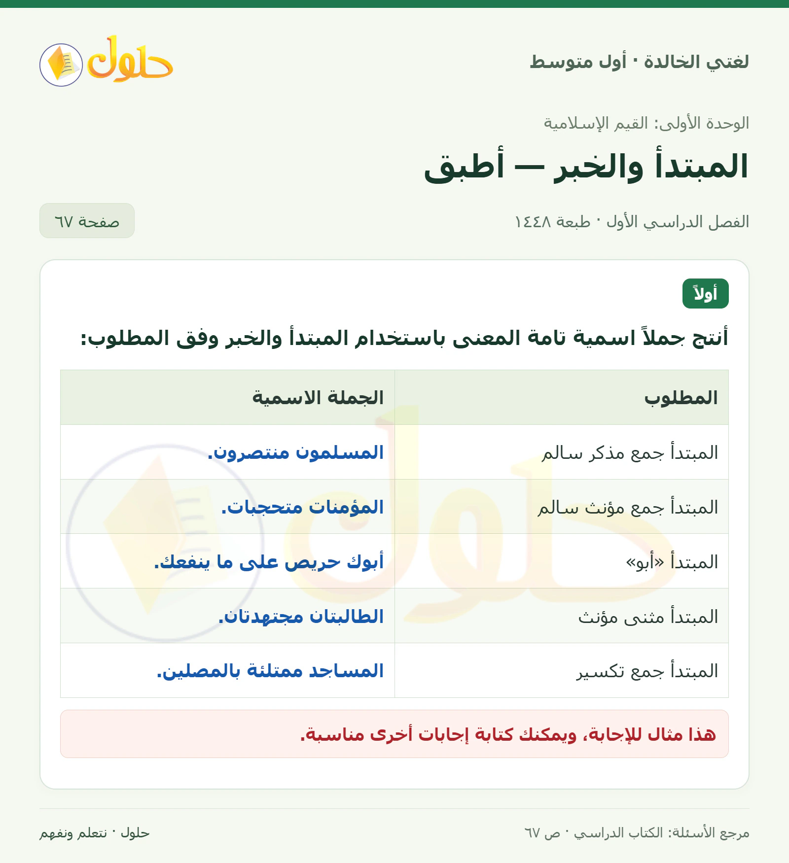 حل لغتي الخالدة للصف الأول المتوسط صفحة 67 الجزء 1