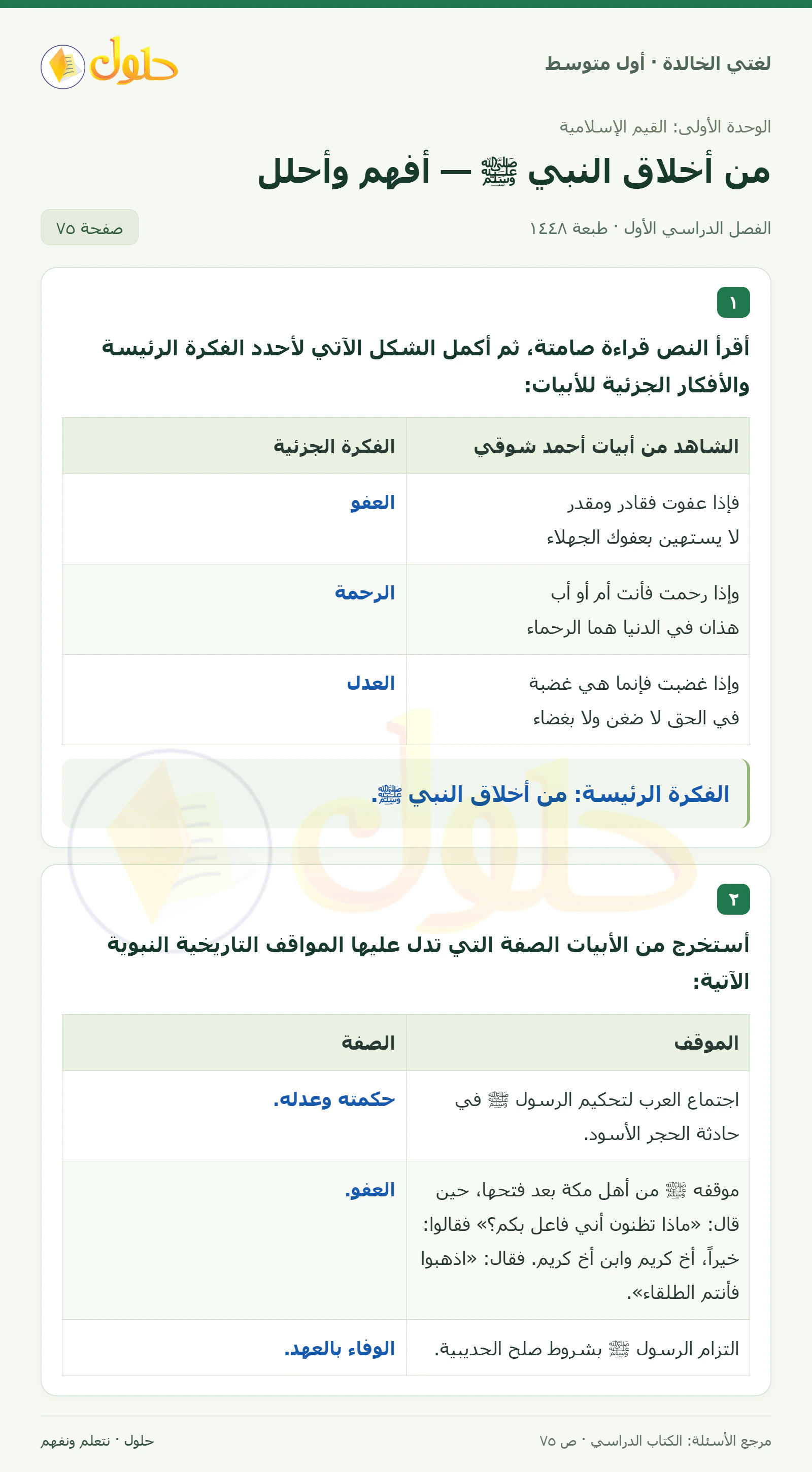 حل لغتي الخالدة للصف الأول المتوسط صفحة 75 الجزء 1