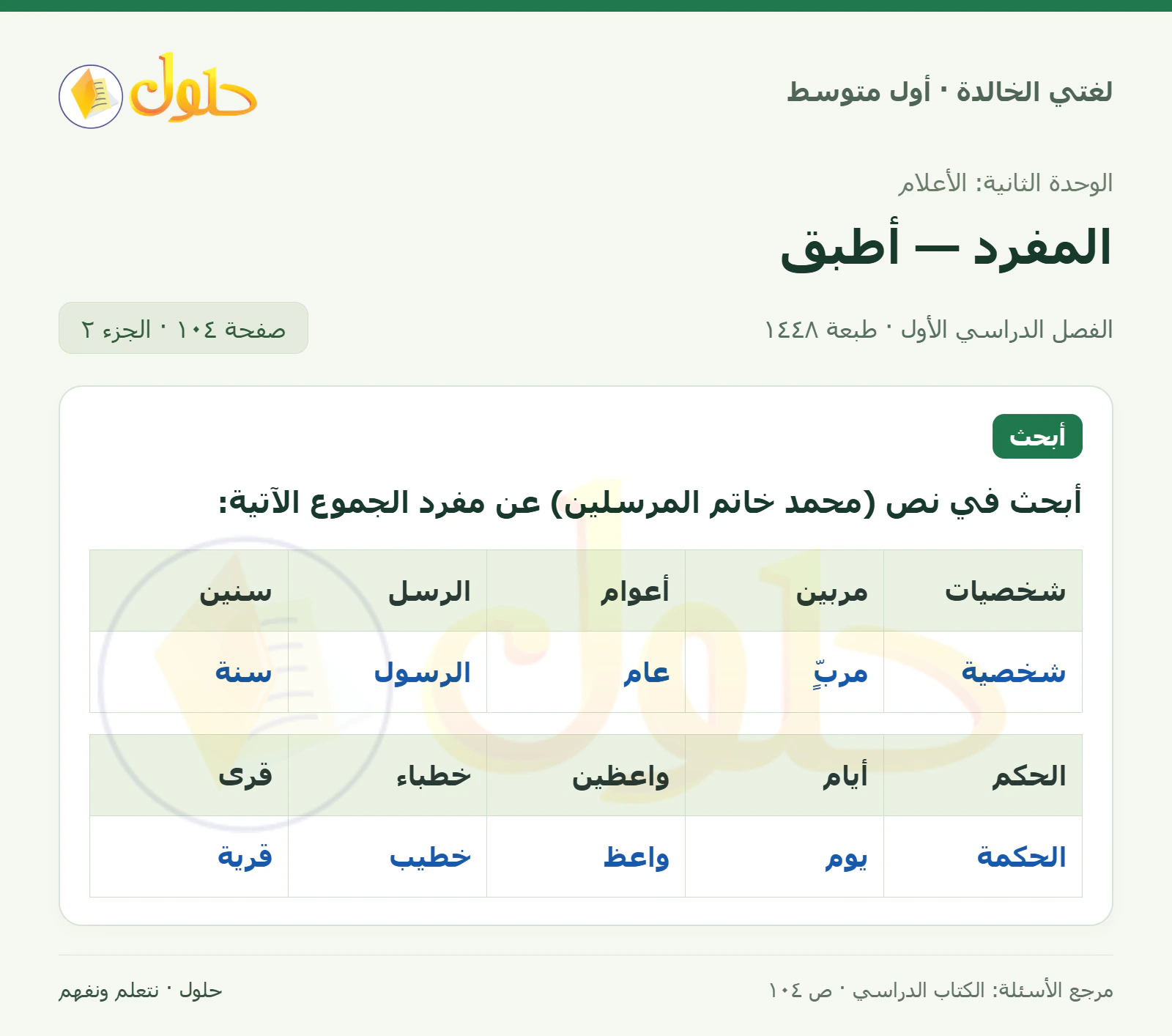 حل لغتي الخالدة للصف الأول المتوسط صفحة 104 الجزء 2