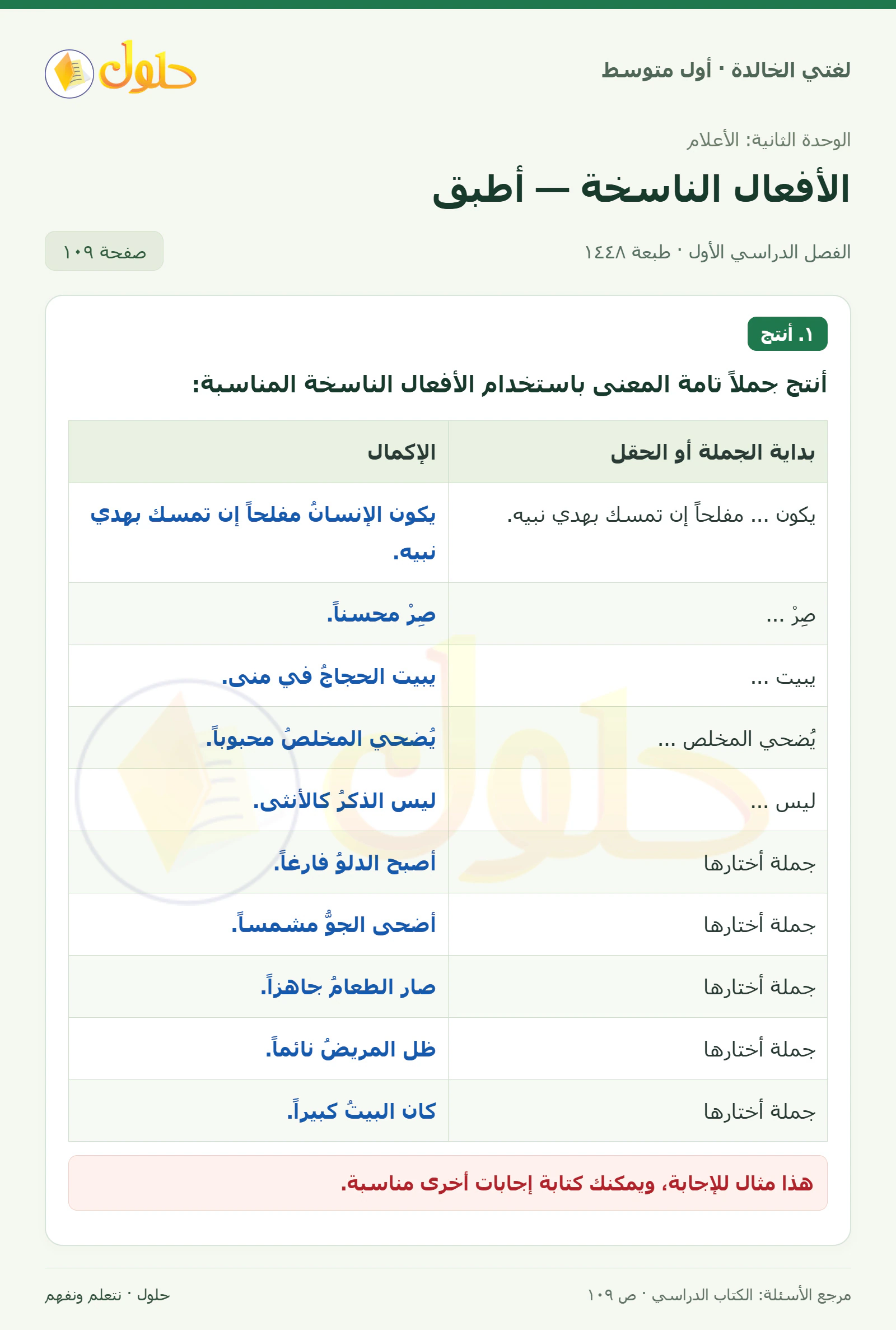 حل لغتي الخالدة للصف الأول المتوسط صفحة 109 الجزء 1