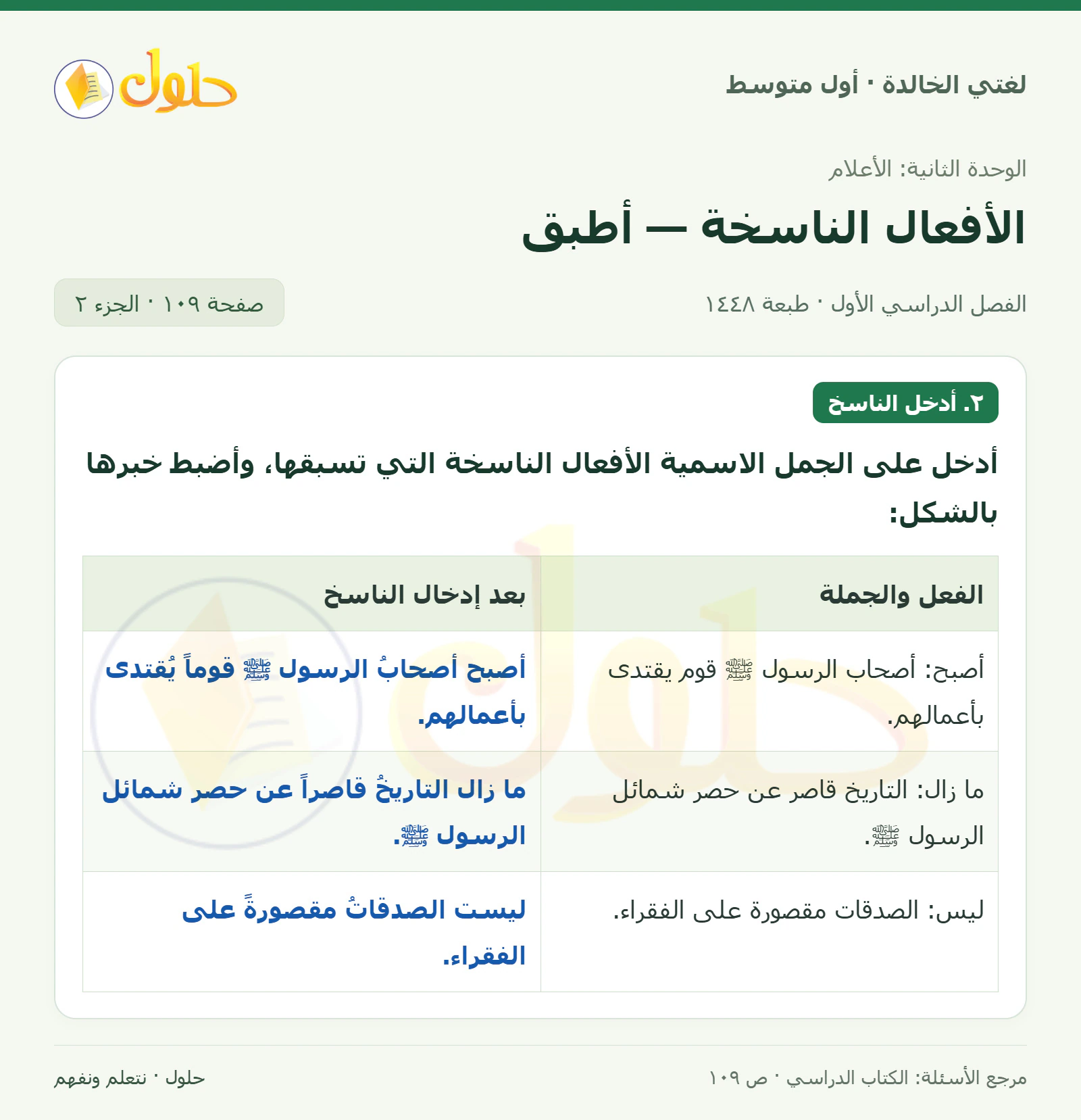 حل لغتي الخالدة للصف الأول المتوسط صفحة 109 الجزء 2