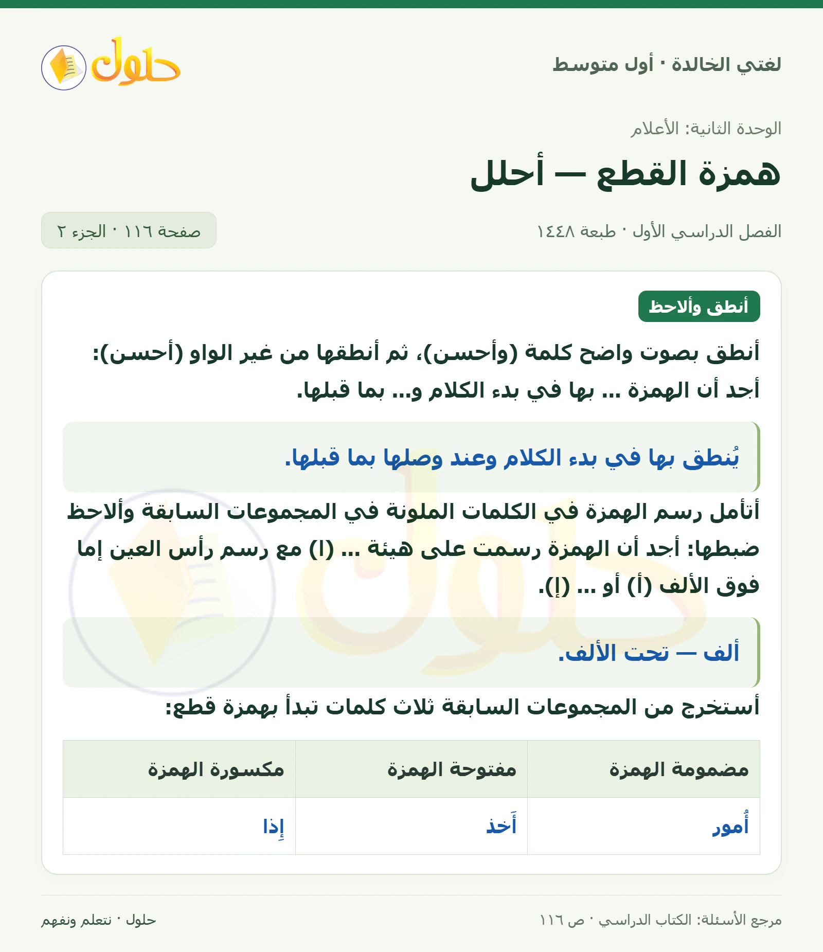 حل لغتي الخالدة للصف الأول المتوسط صفحة 116 الجزء 2