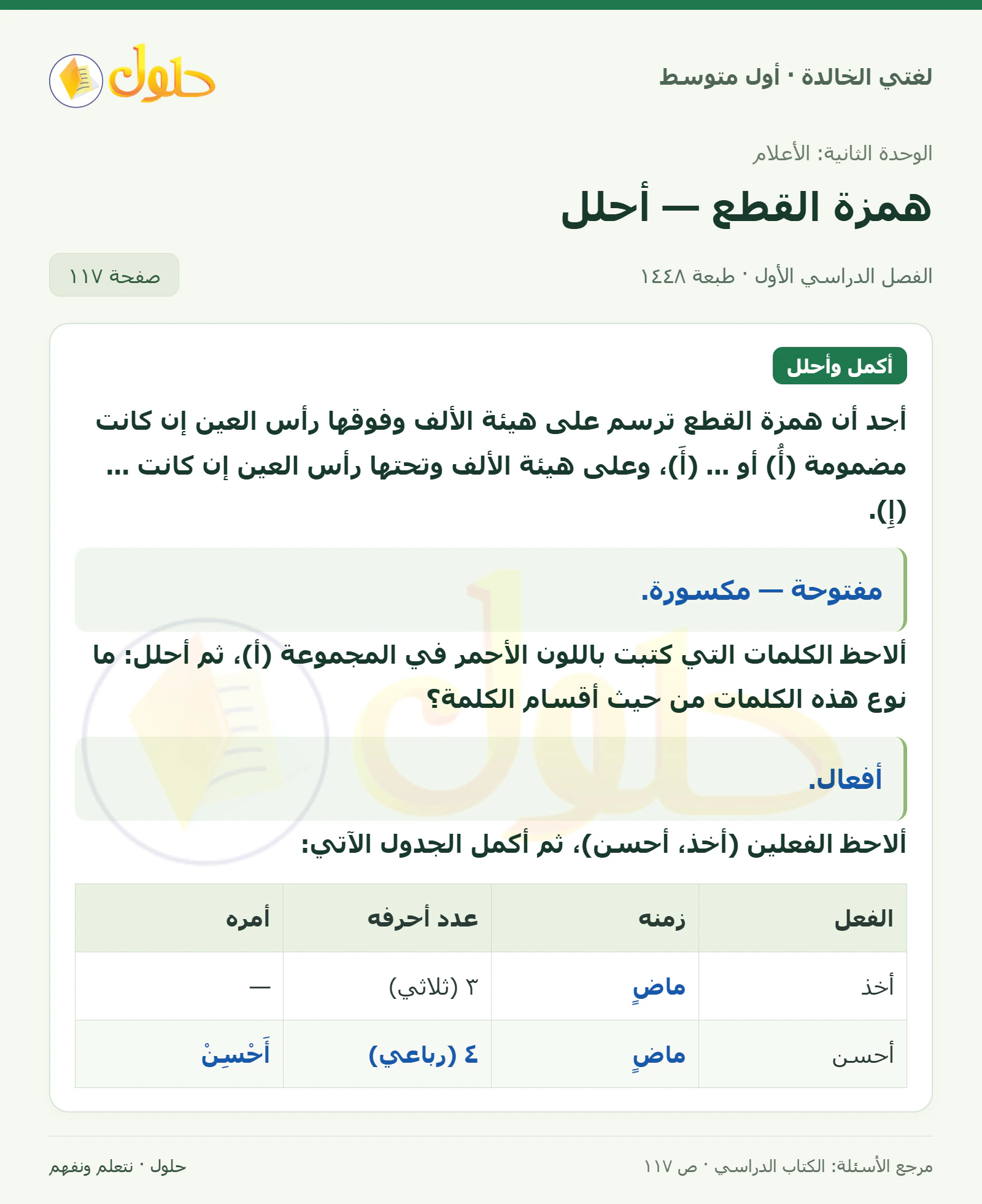 حل لغتي الخالدة للصف الأول المتوسط صفحة 117 الجزء 1