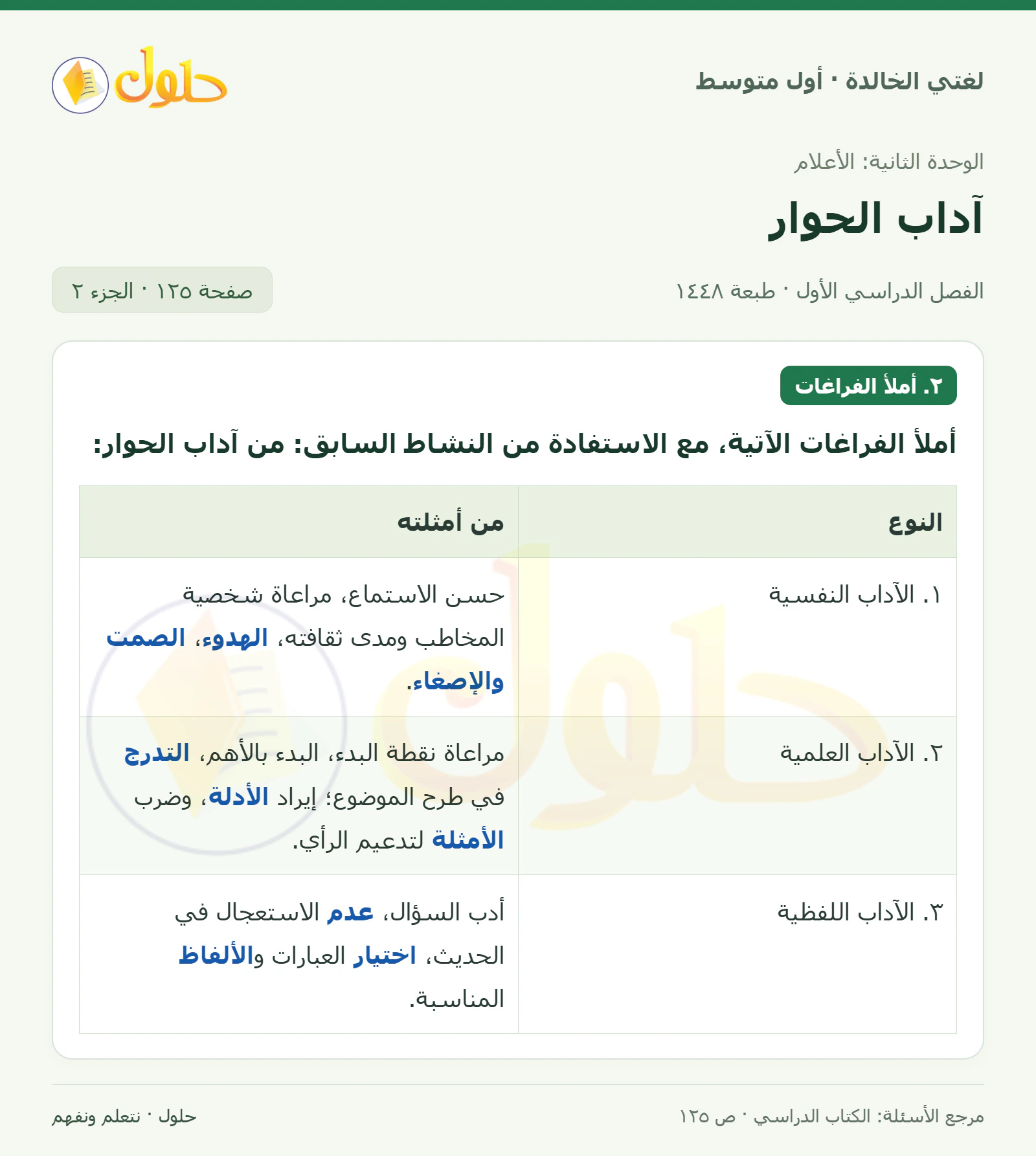 حل لغتي الخالدة للصف الأول المتوسط صفحة 125 الجزء 2