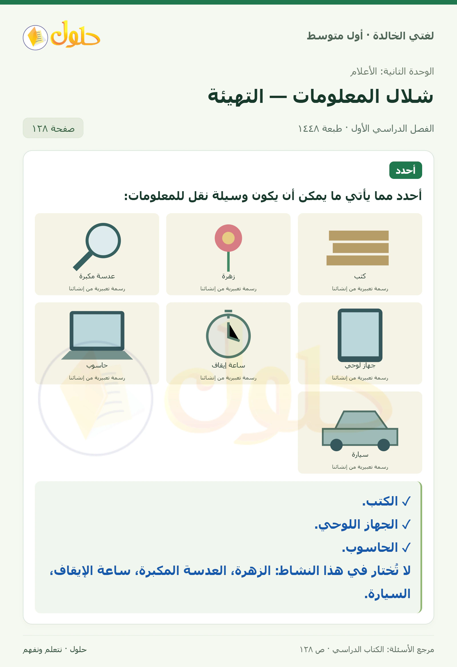 حل لغتي الخالدة للصف الأول المتوسط صفحة 128 الجزء 1