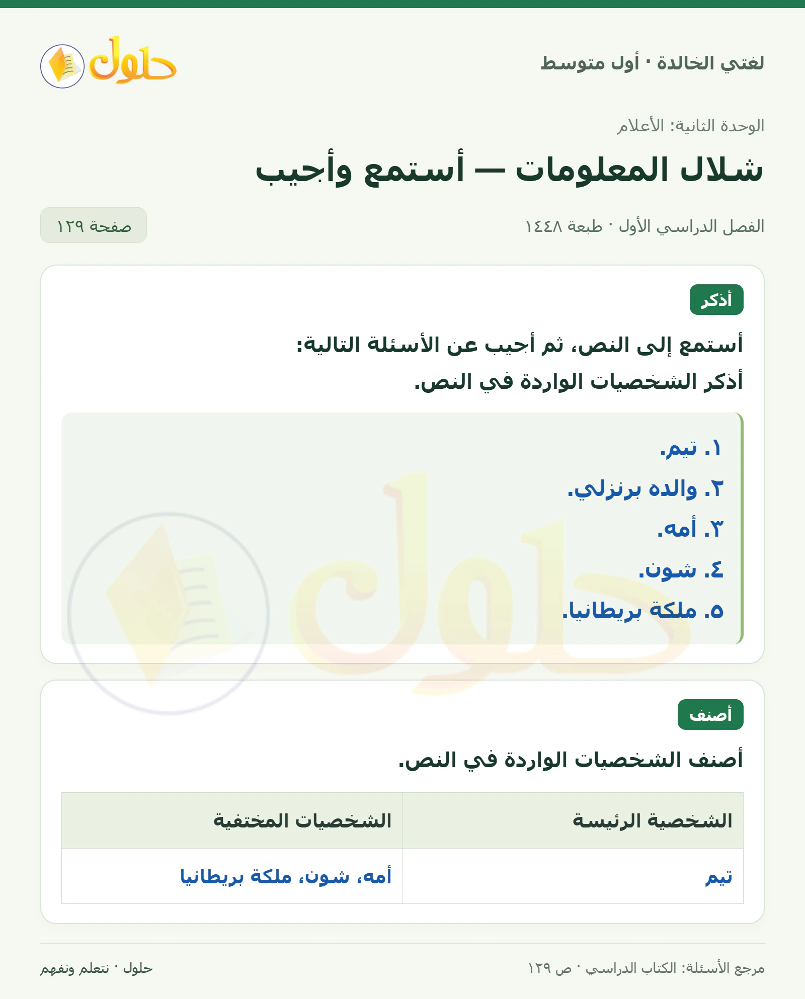 حل لغتي الخالدة للصف الأول المتوسط صفحة 129 الجزء 1