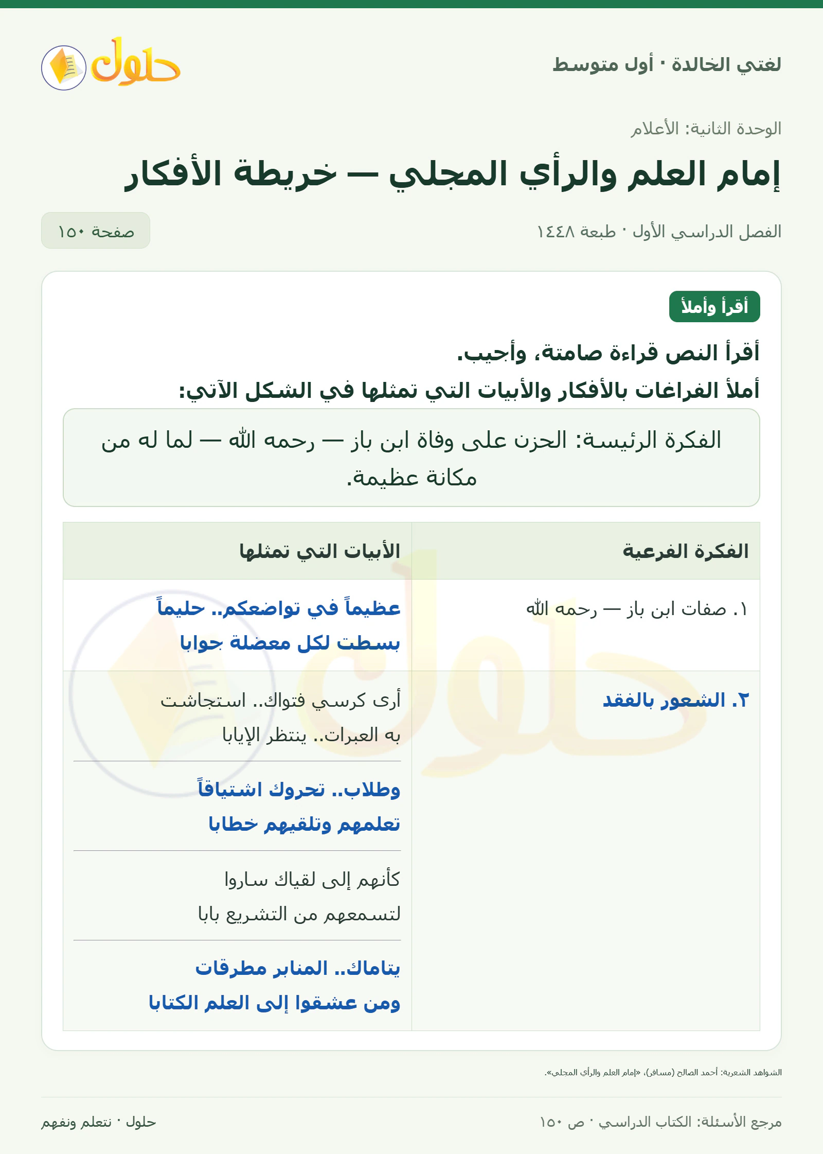 حل لغتي الخالدة للصف الأول المتوسط صفحة 150 الجزء 1
