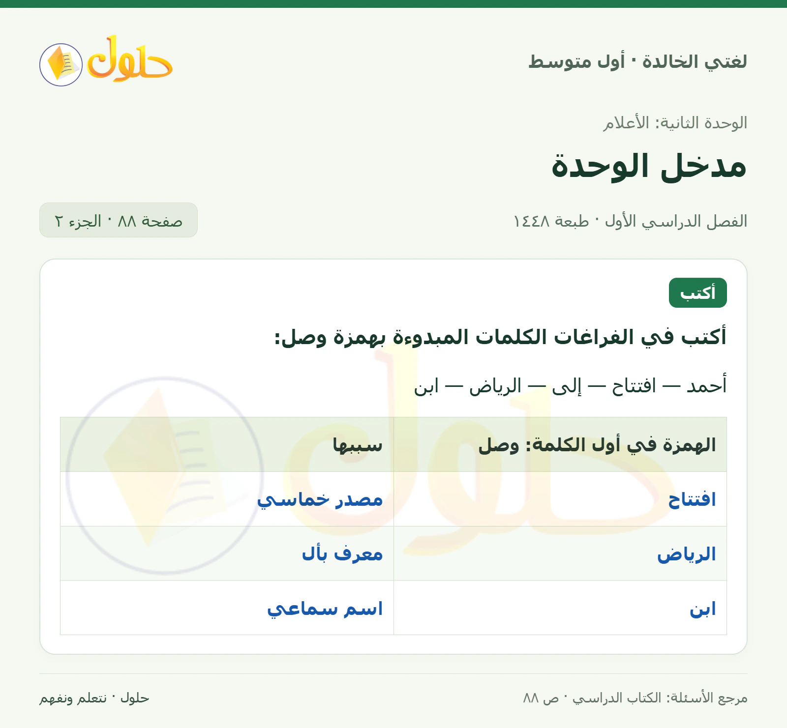 حل لغتي الخالدة للصف الأول المتوسط صفحة 88 الجزء 2