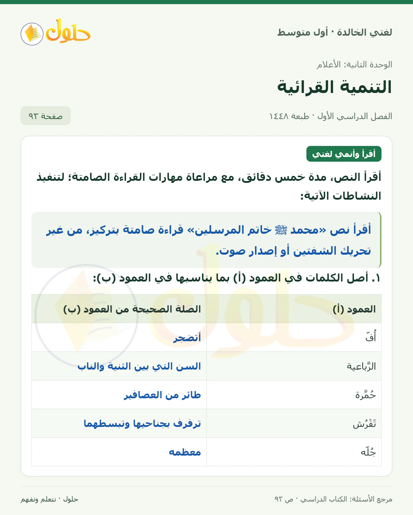 حل لغتي الخالدة للصف الأول المتوسط صفحة 93 الجزء 1