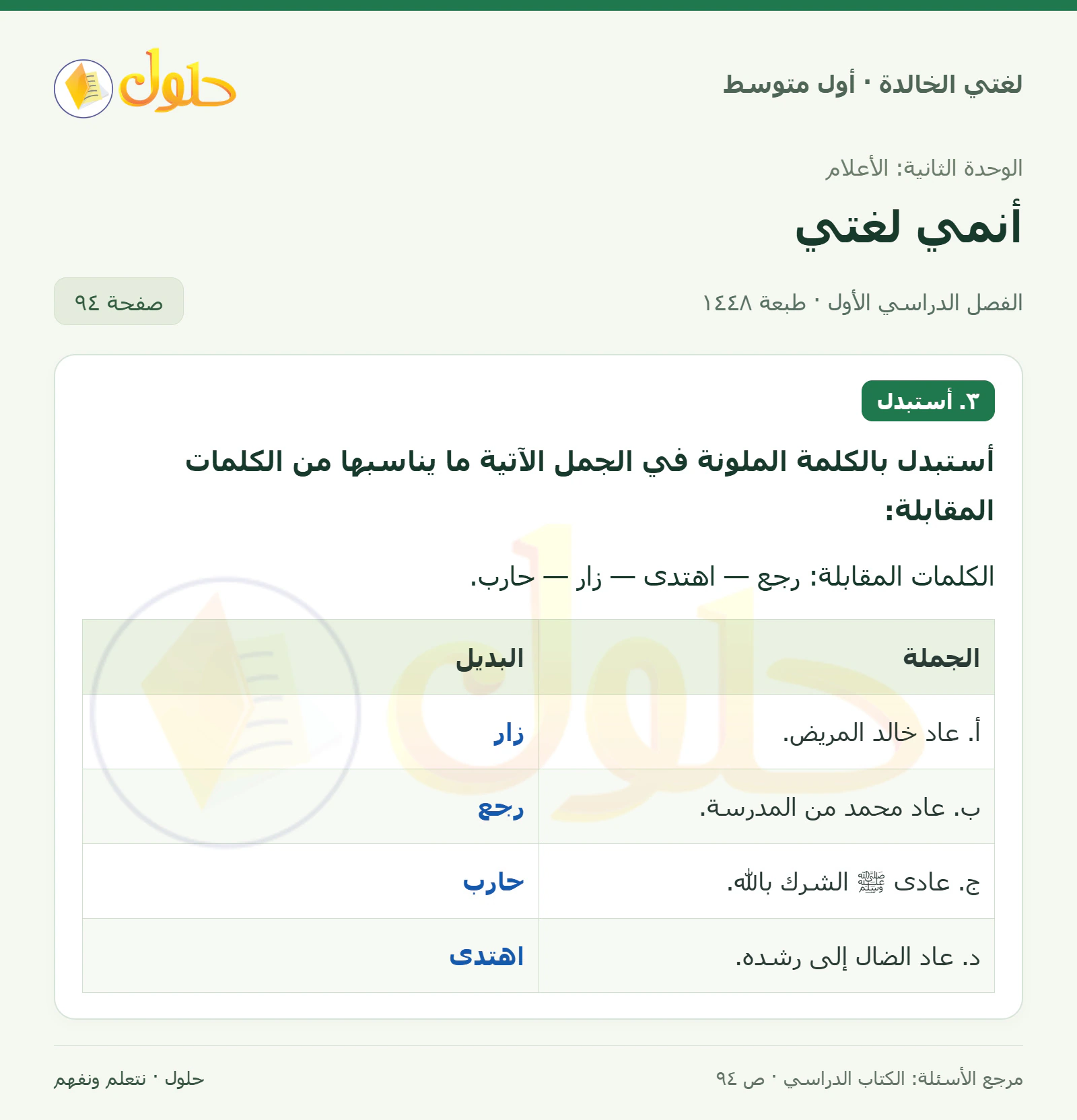 حل لغتي الخالدة للصف الأول المتوسط صفحة 94 الجزء 1