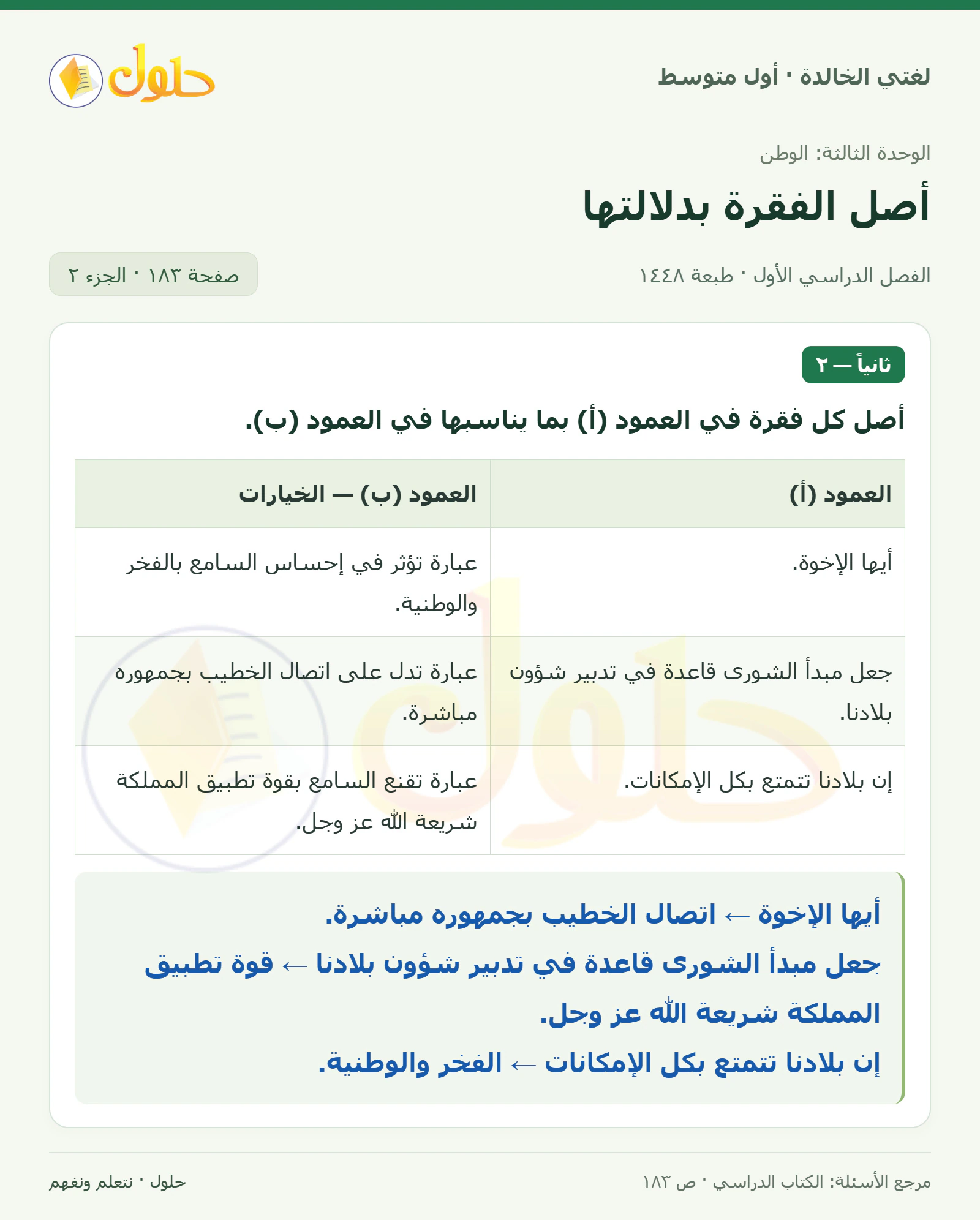 حل لغتي الخالدة للصف الأول المتوسط صفحة 183 الجزء 2