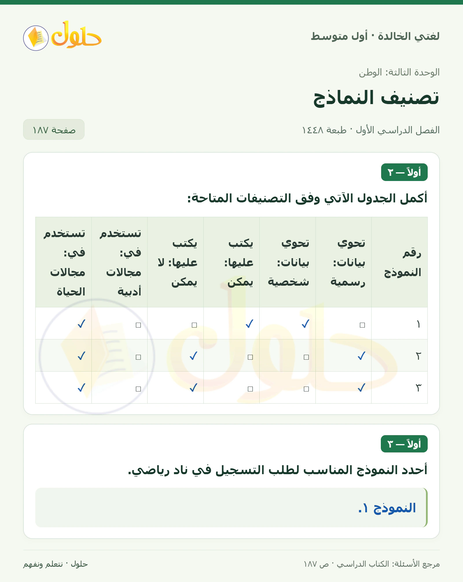 حل لغتي الخالدة للصف الأول المتوسط صفحة 187 الجزء 1
