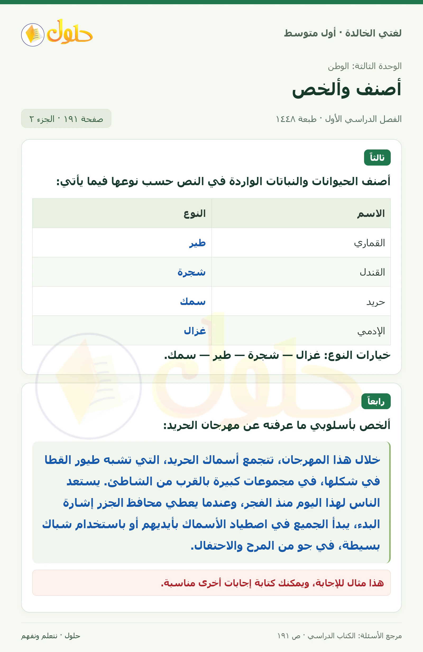 حل لغتي الخالدة للصف الأول المتوسط صفحة 191 الجزء 2