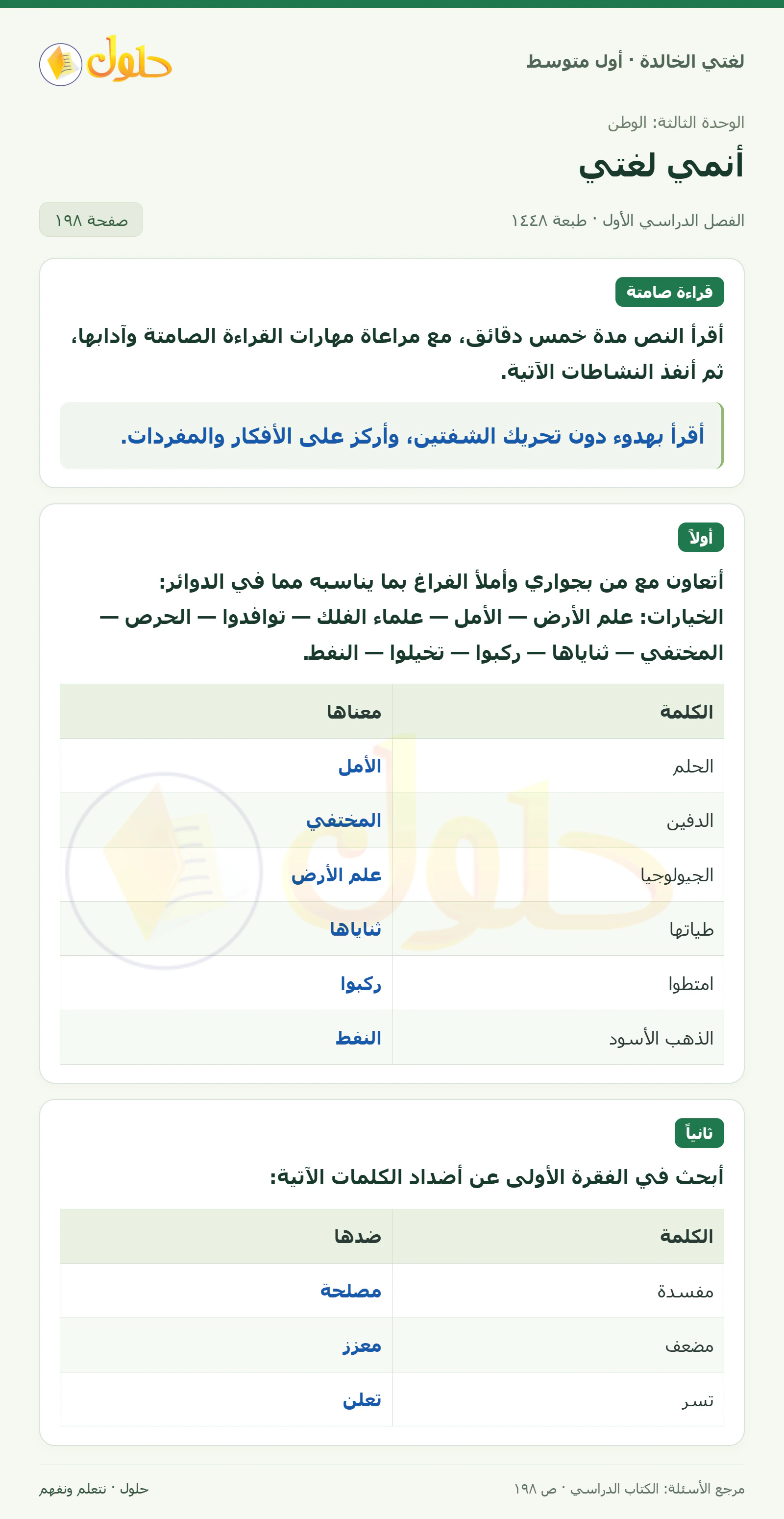 حل لغتي الخالدة للصف الأول المتوسط صفحة 198 الجزء 1