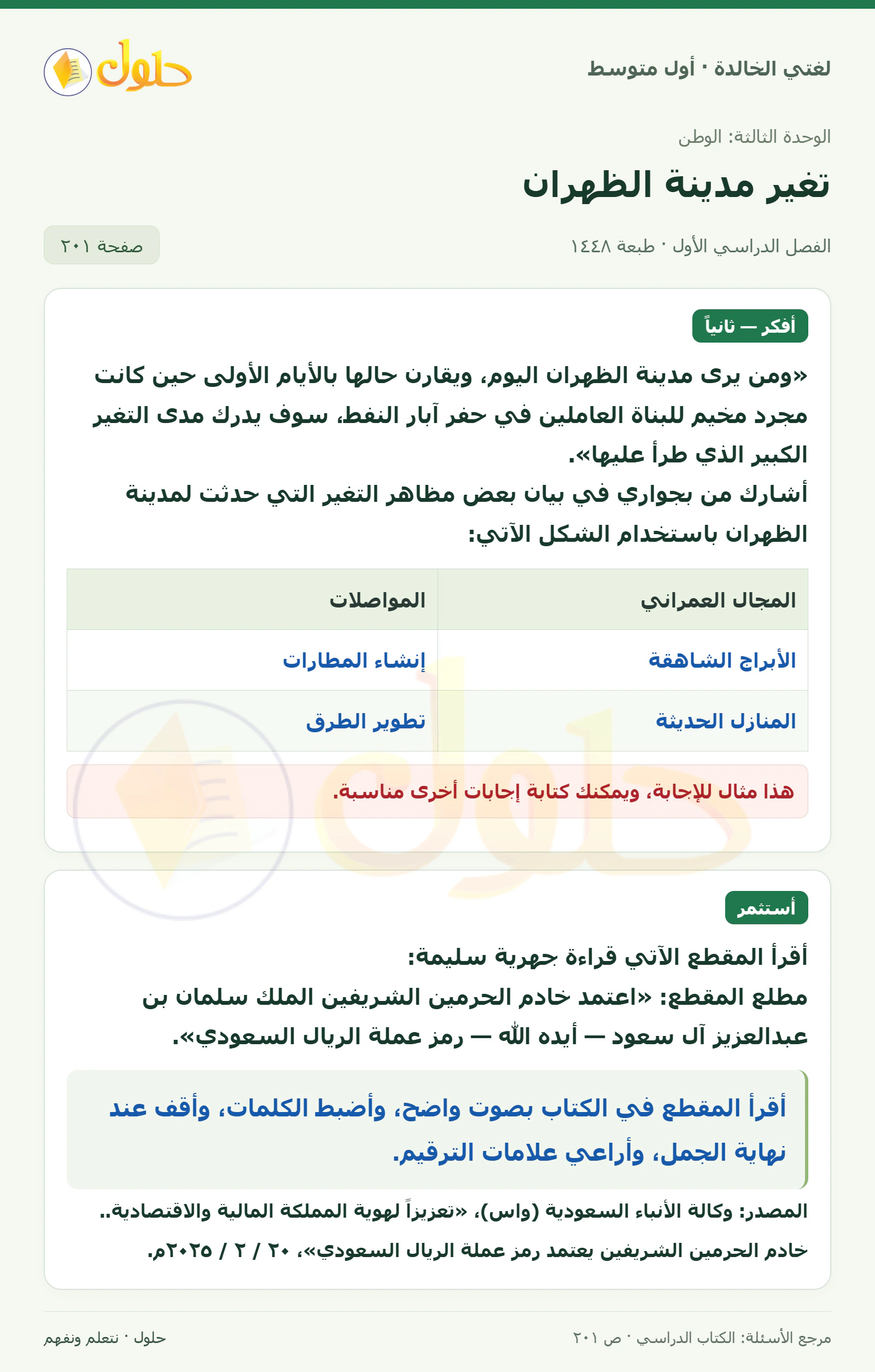 حل لغتي الخالدة للصف الأول المتوسط صفحة 201 الجزء 1
