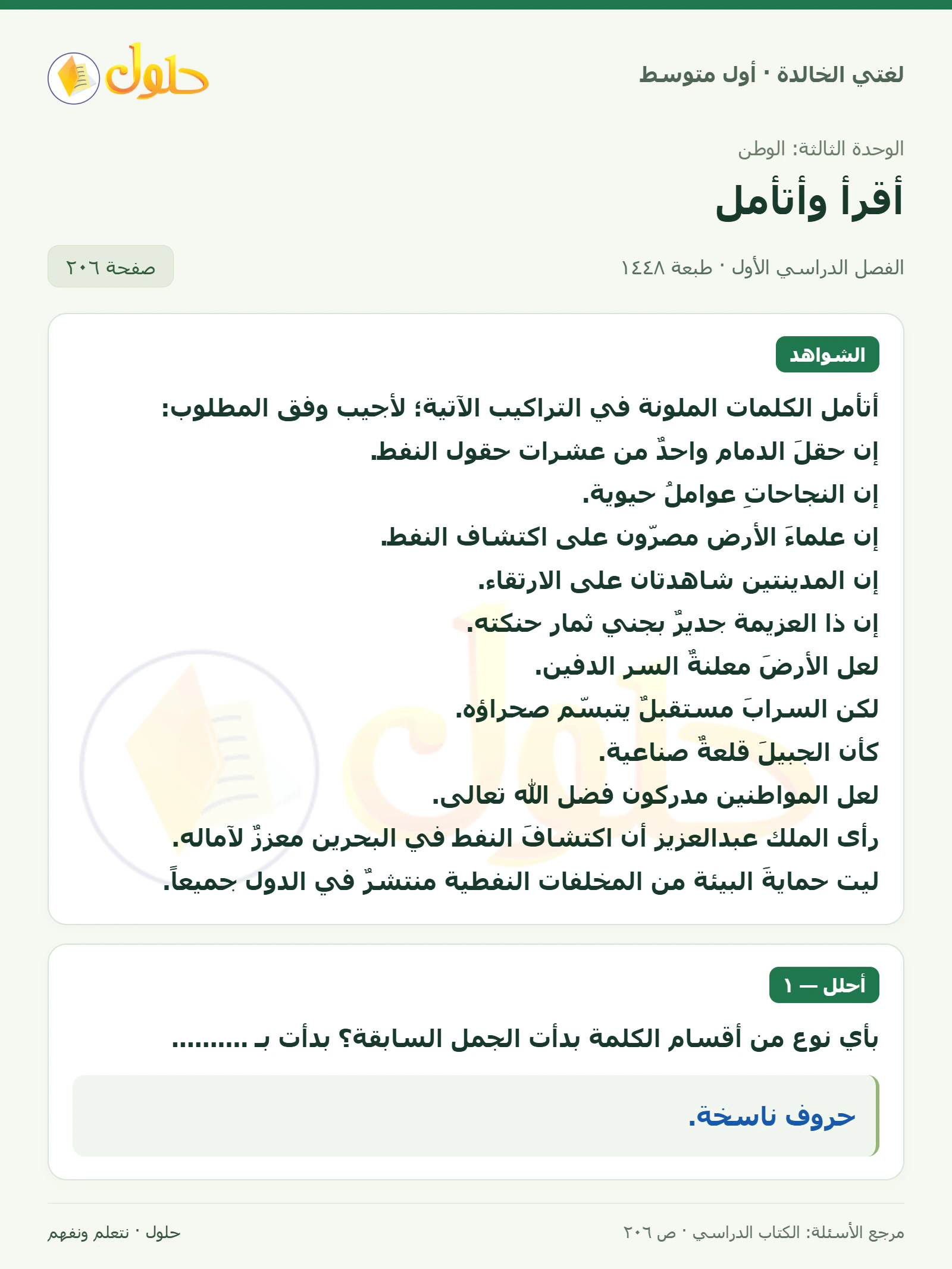 حل لغتي الخالدة للصف الأول المتوسط صفحة 206 الجزء 1