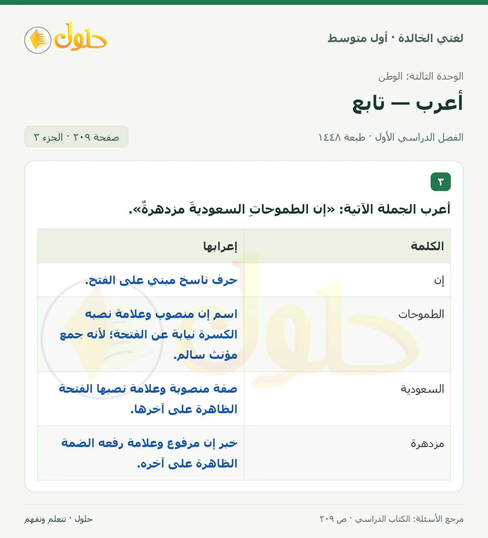 حل لغتي الخالدة للصف الأول المتوسط صفحة 209 الجزء 3