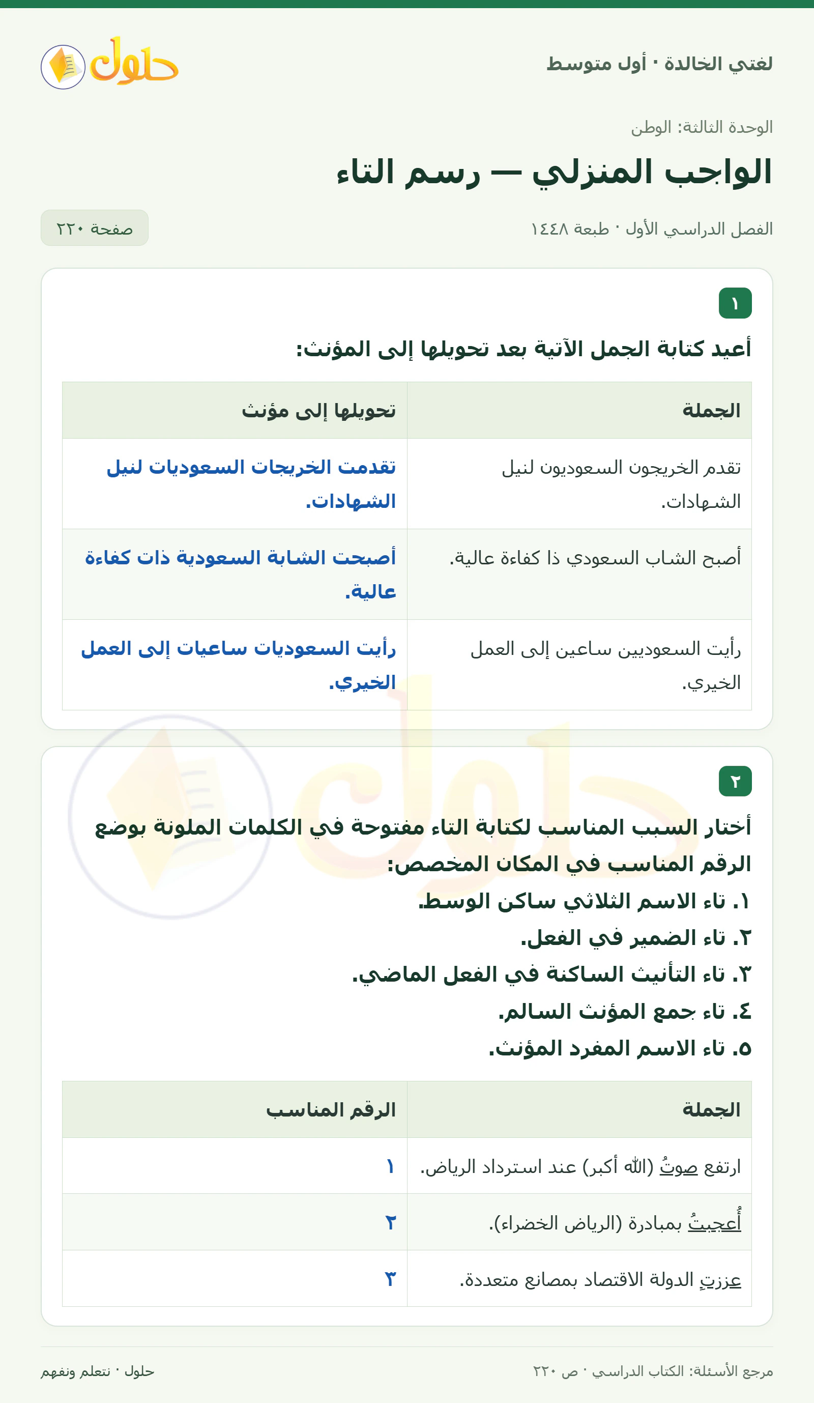 حل لغتي الخالدة للصف الأول المتوسط صفحة 220 الجزء 1