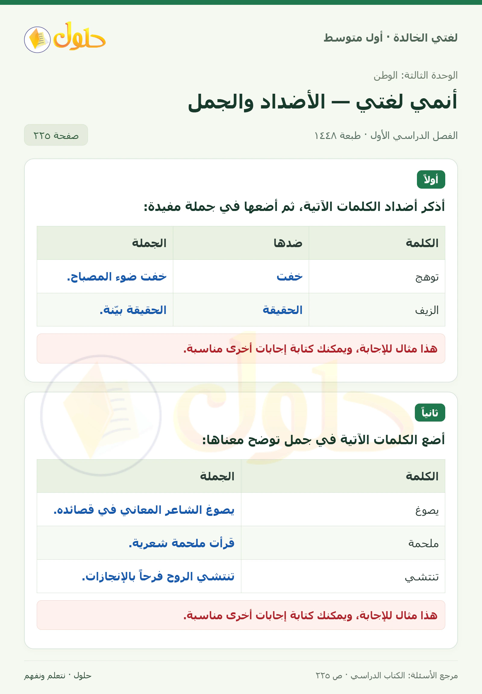 حل لغتي الخالدة للصف الأول المتوسط صفحة 225 الجزء 1