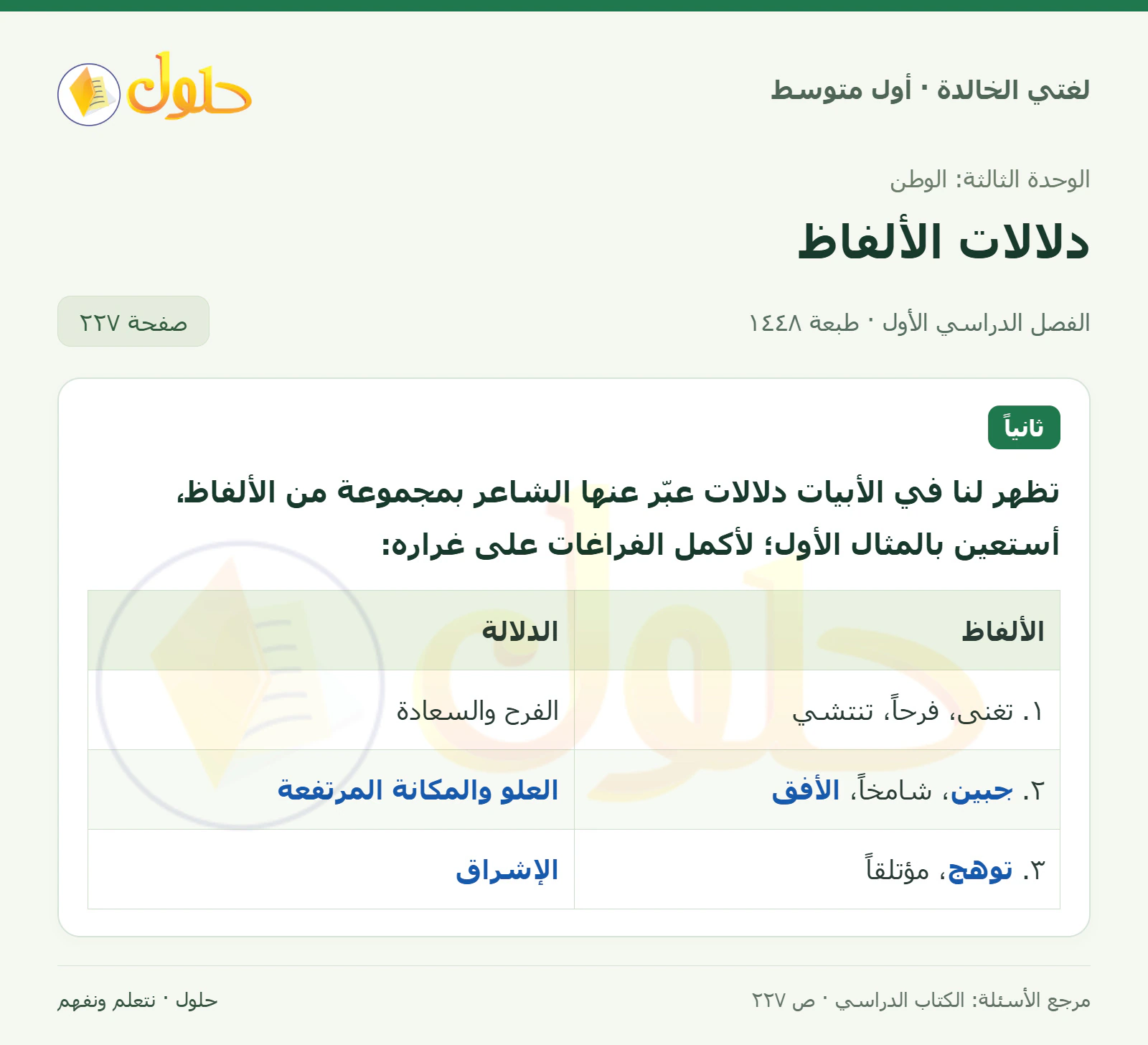 حل لغتي الخالدة للصف الأول المتوسط صفحة 227 الجزء 1