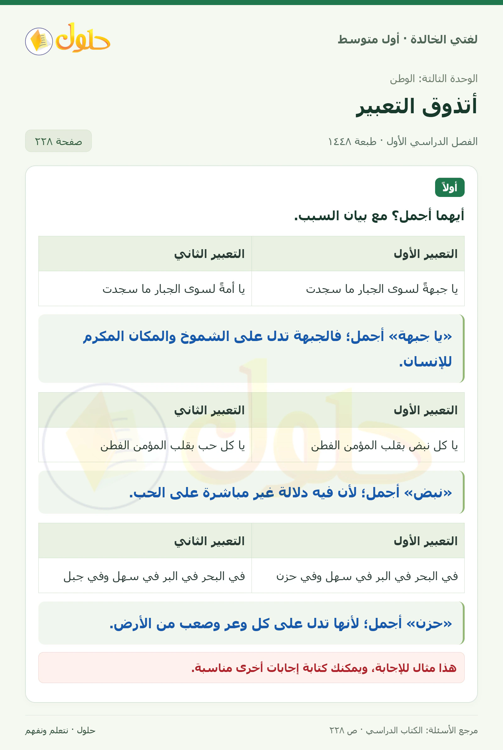 حل لغتي الخالدة للصف الأول المتوسط صفحة 228 الجزء 1
