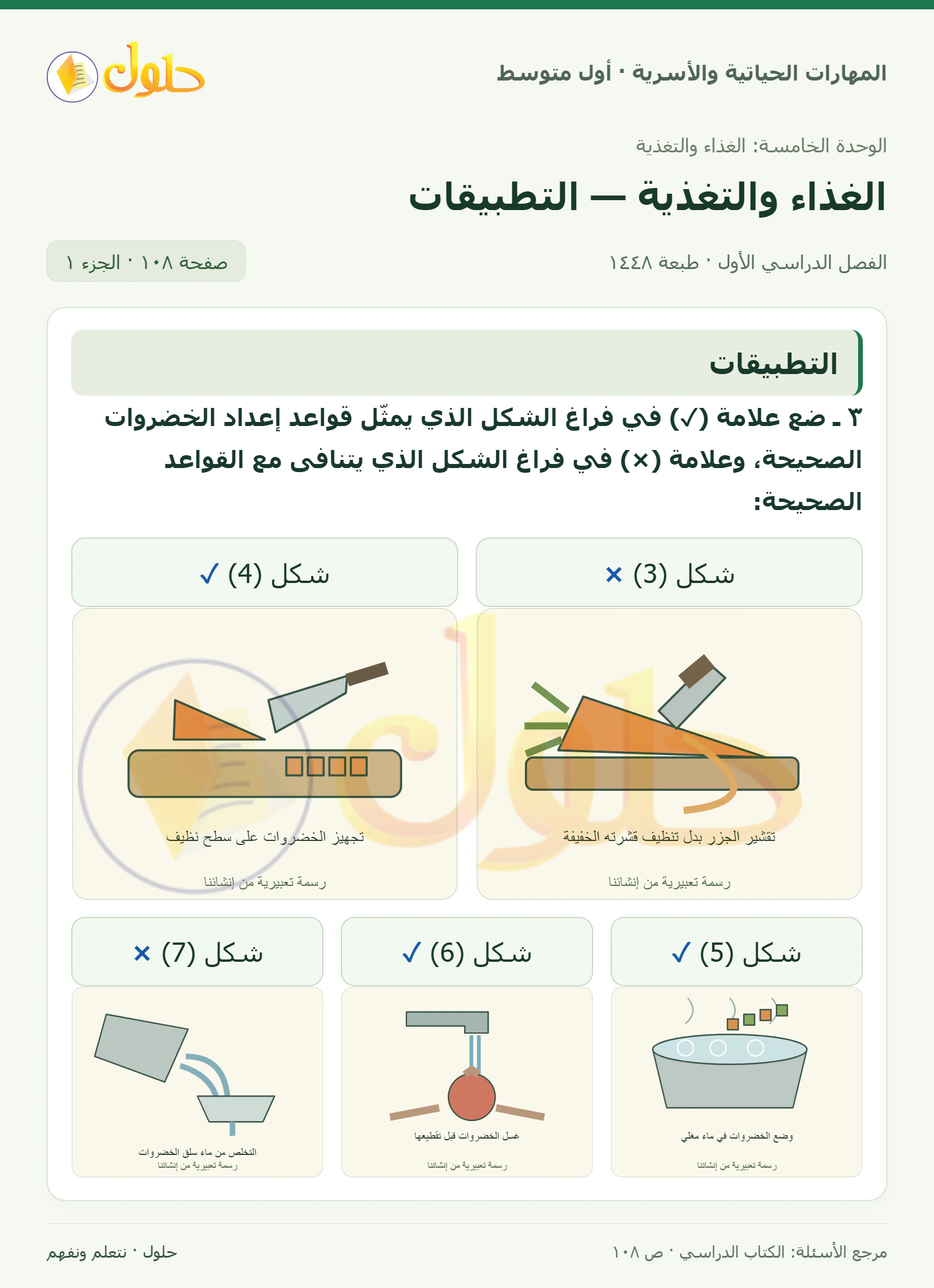 حل تطبيقات الوجبات والسلطات للصف الأول المتوسط صفحة ١٠٨، الجزء ١