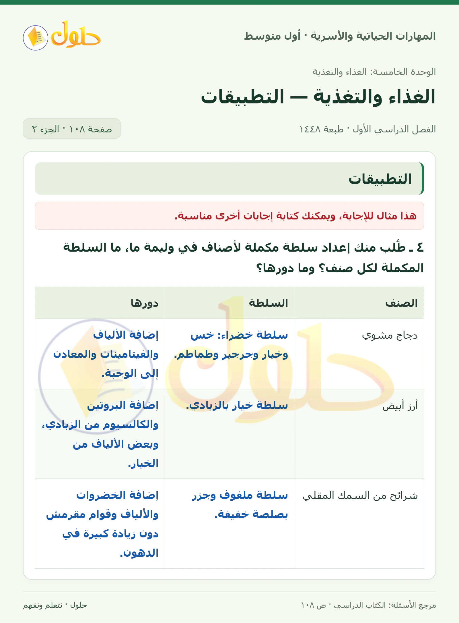 حل تطبيقات الوجبات والسلطات للصف الأول المتوسط صفحة ١٠٨، الجزء ٢