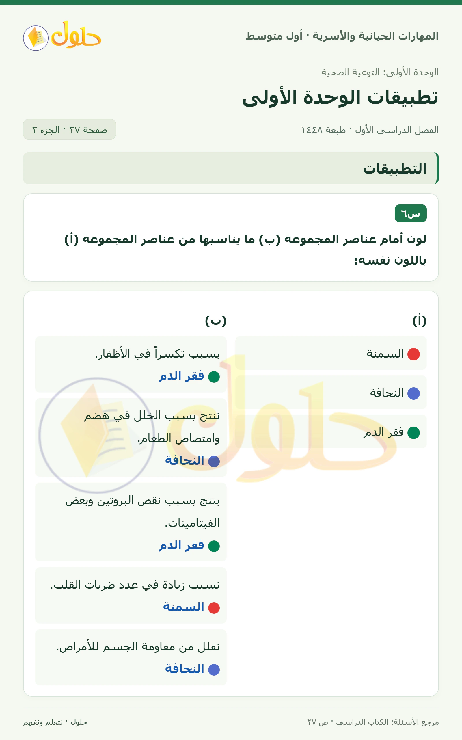 حل صواب وخطأ في التوعية الصحية للصف الأول المتوسط صفحة ٢٧، الجزء ٢