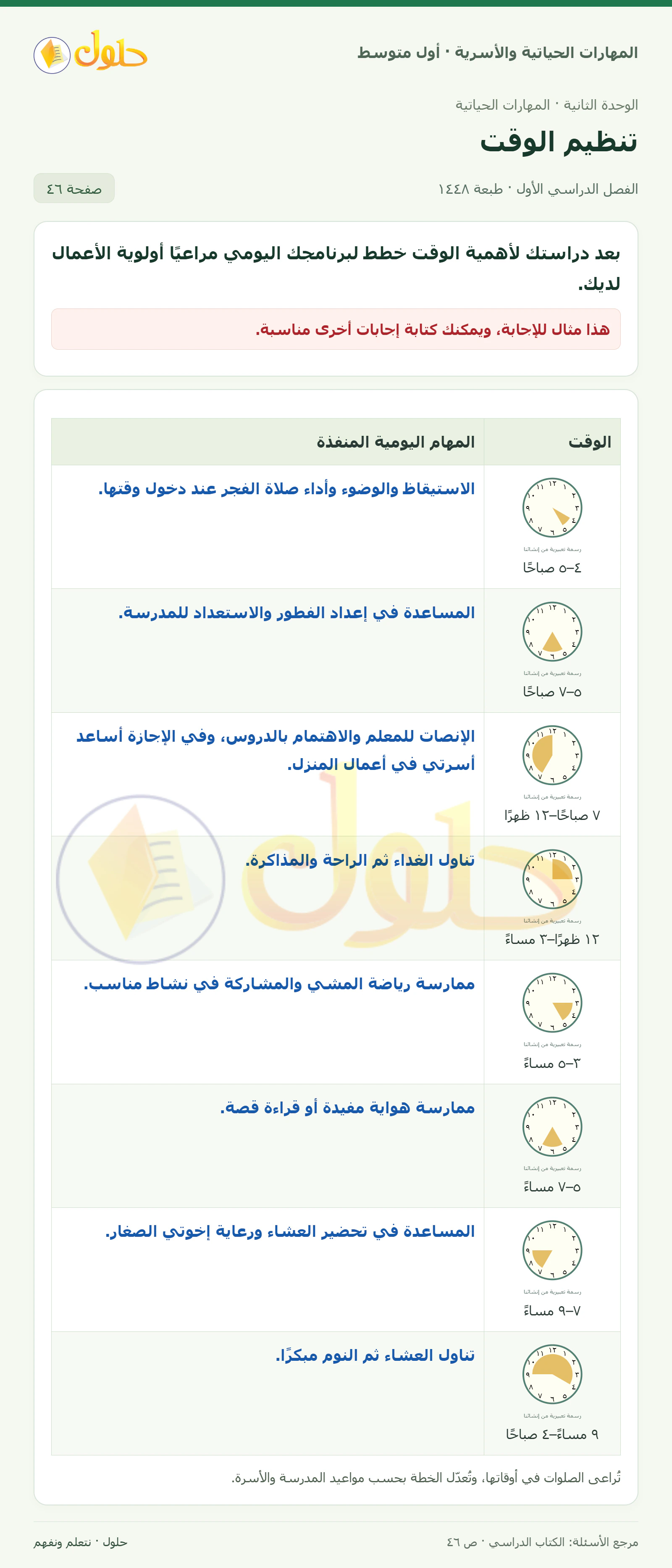 حل تخطيط فترات اليوم للصف الأول المتوسط صفحة ٤٦