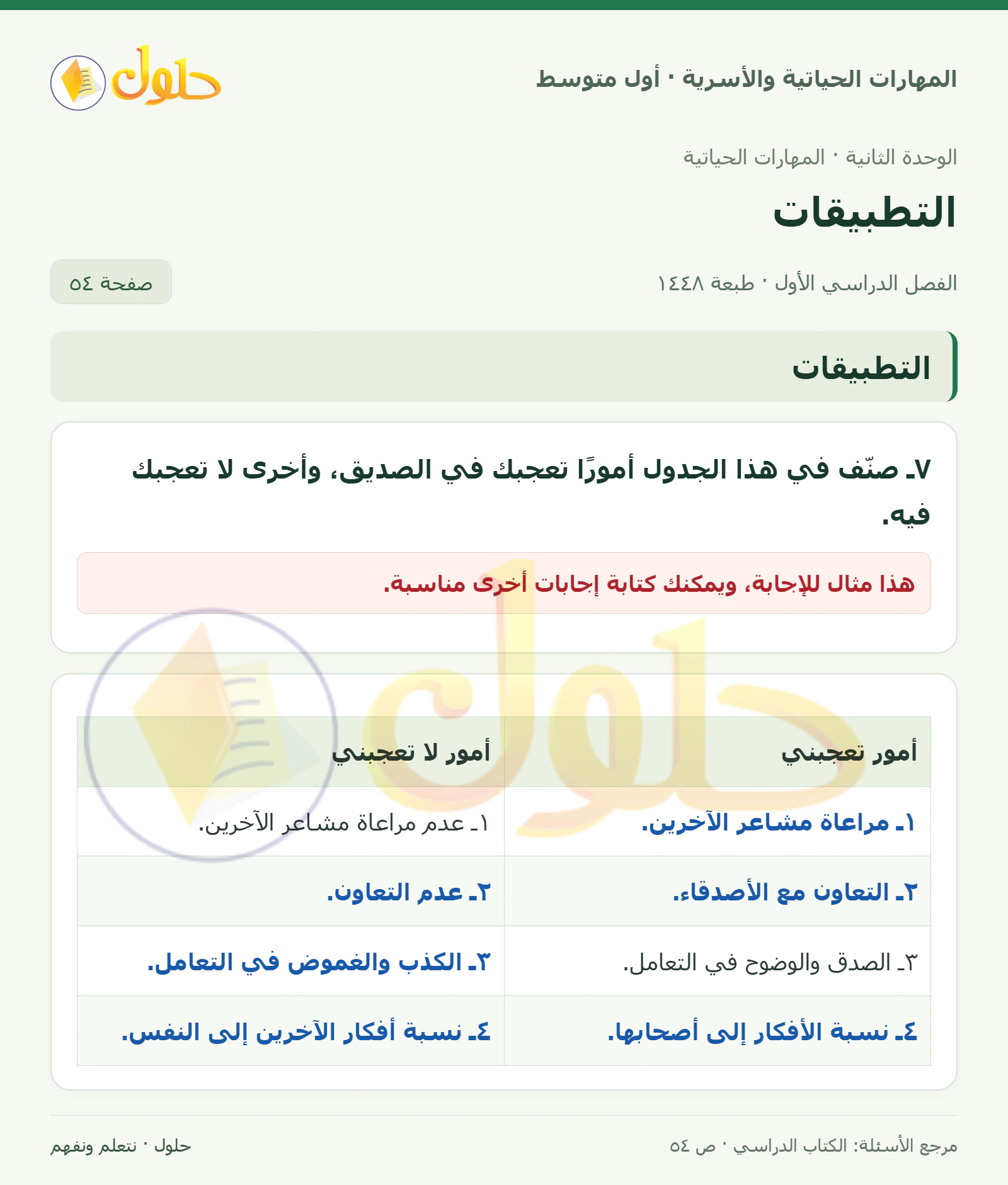 حل أساليب التعامل للصف الأول المتوسط صفحة ٥٤