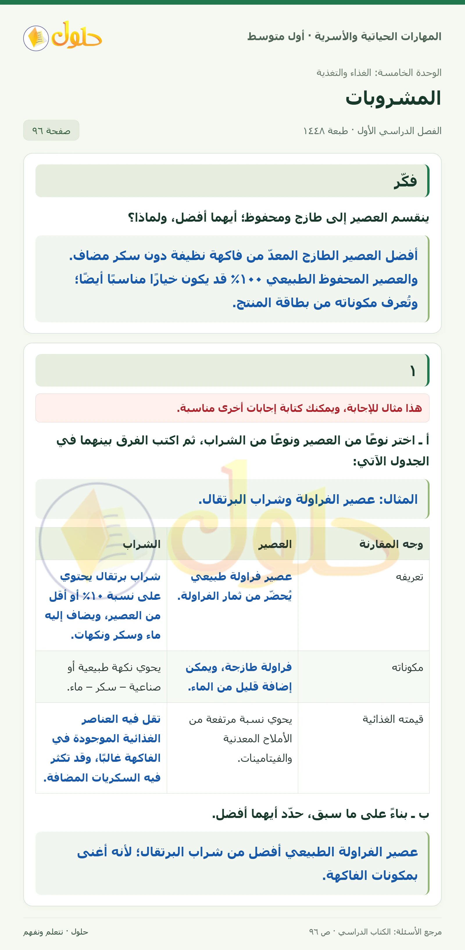 حل مقارنة العصير والشراب للصف الأول المتوسط صفحة ٩٦