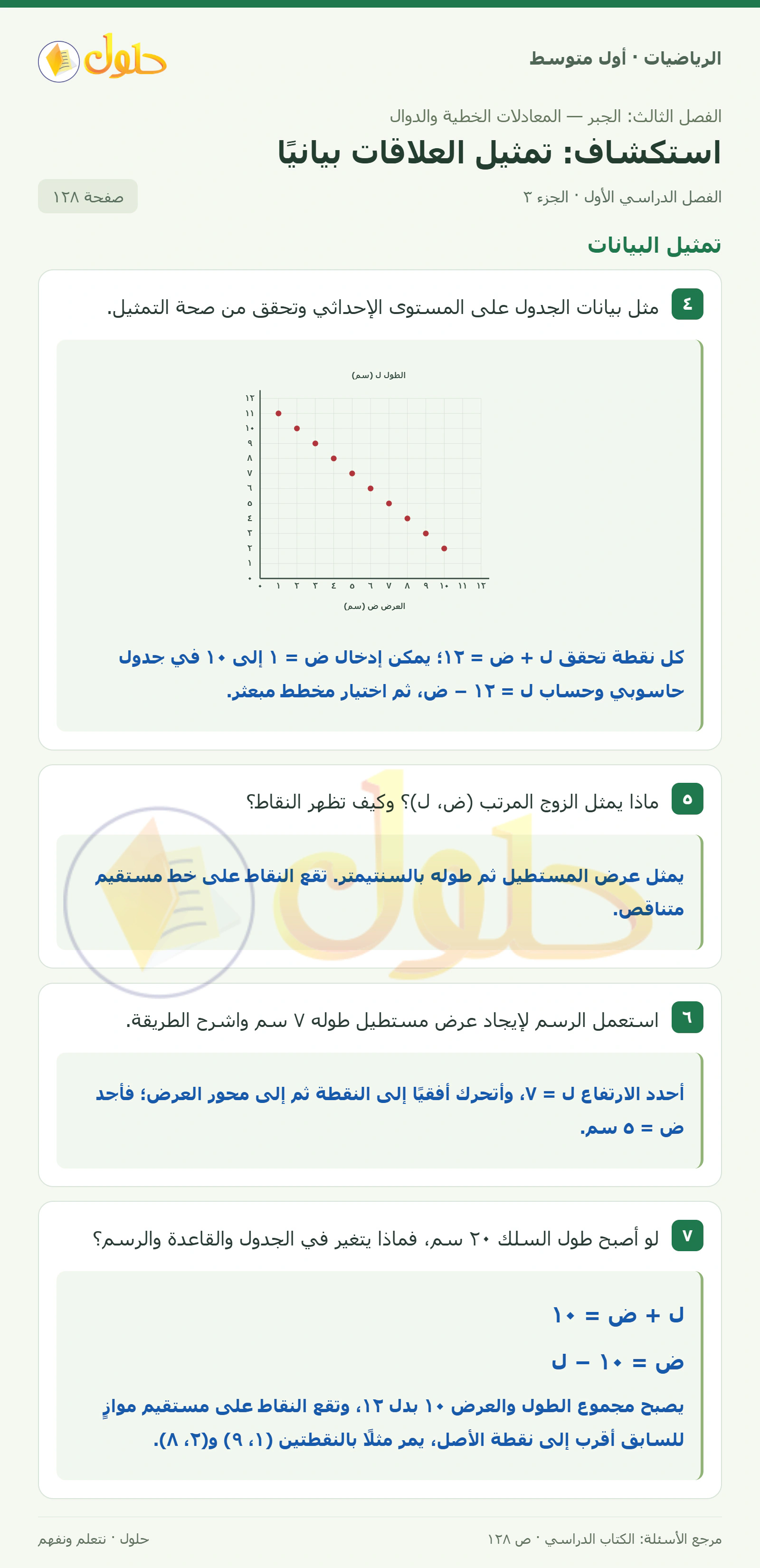 حل الرياضيات للصف الأول المتوسط صفحة ١٢٨ - الجزء ٣