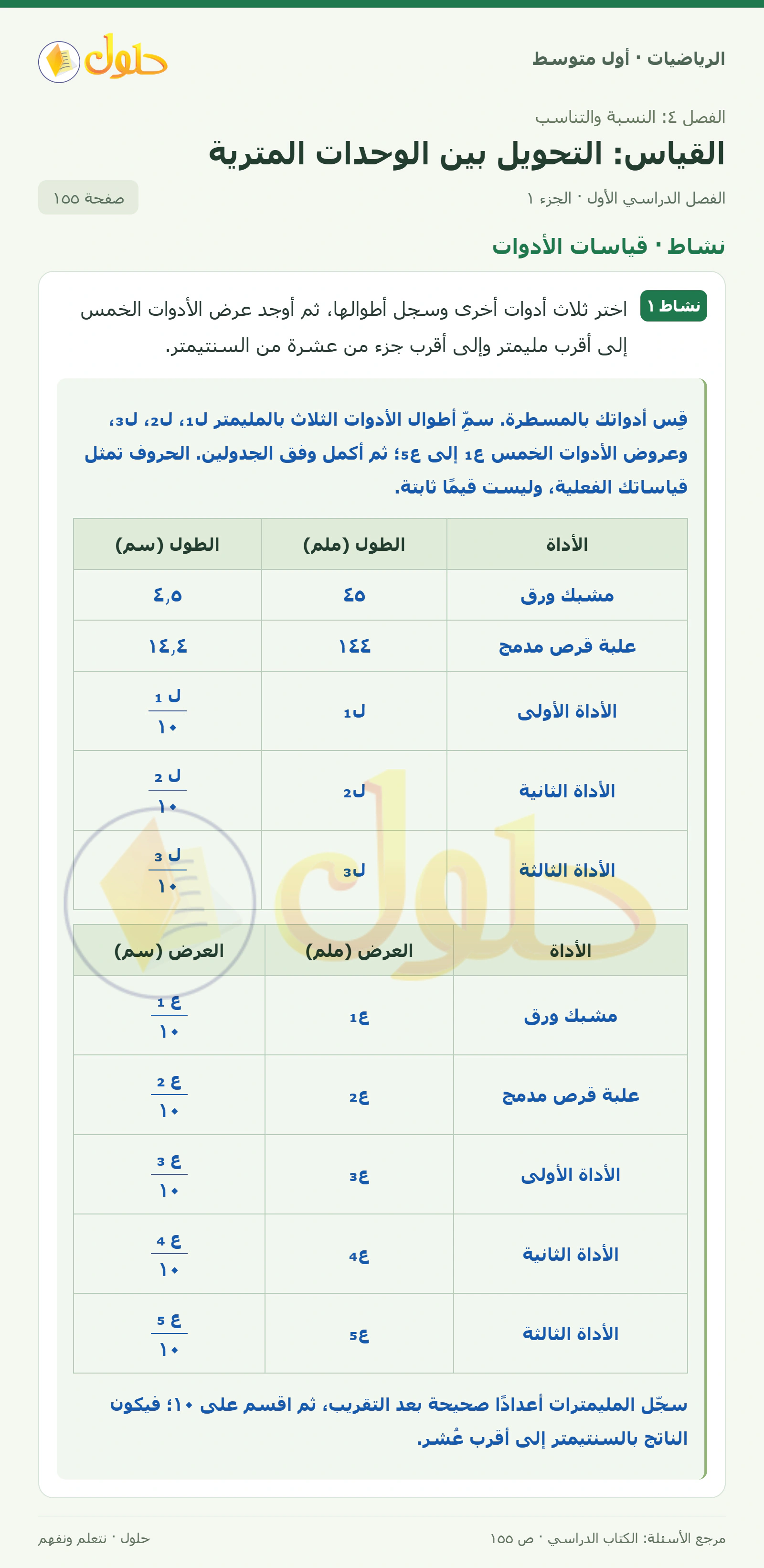 حل الرياضيات للصف الأول المتوسط صفحة ١٥٥ - الجزء ١