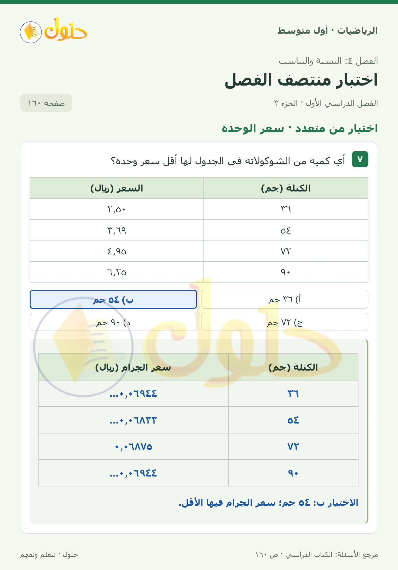 حل الرياضيات للصف الأول المتوسط صفحة ١٦٠ - الجزء ٣