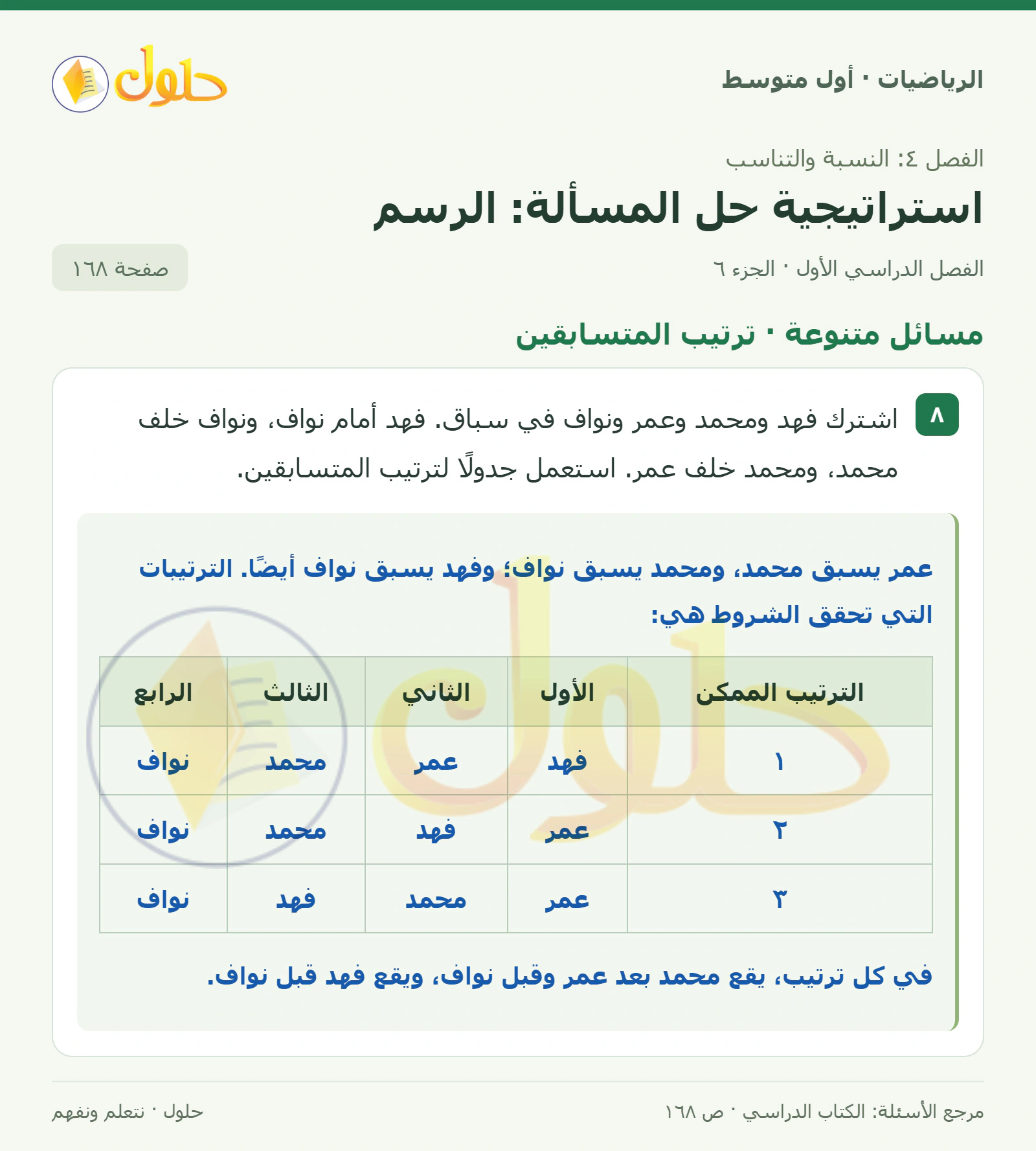 حل الرياضيات للصف الأول المتوسط صفحة ١٦٨ - الجزء ٦