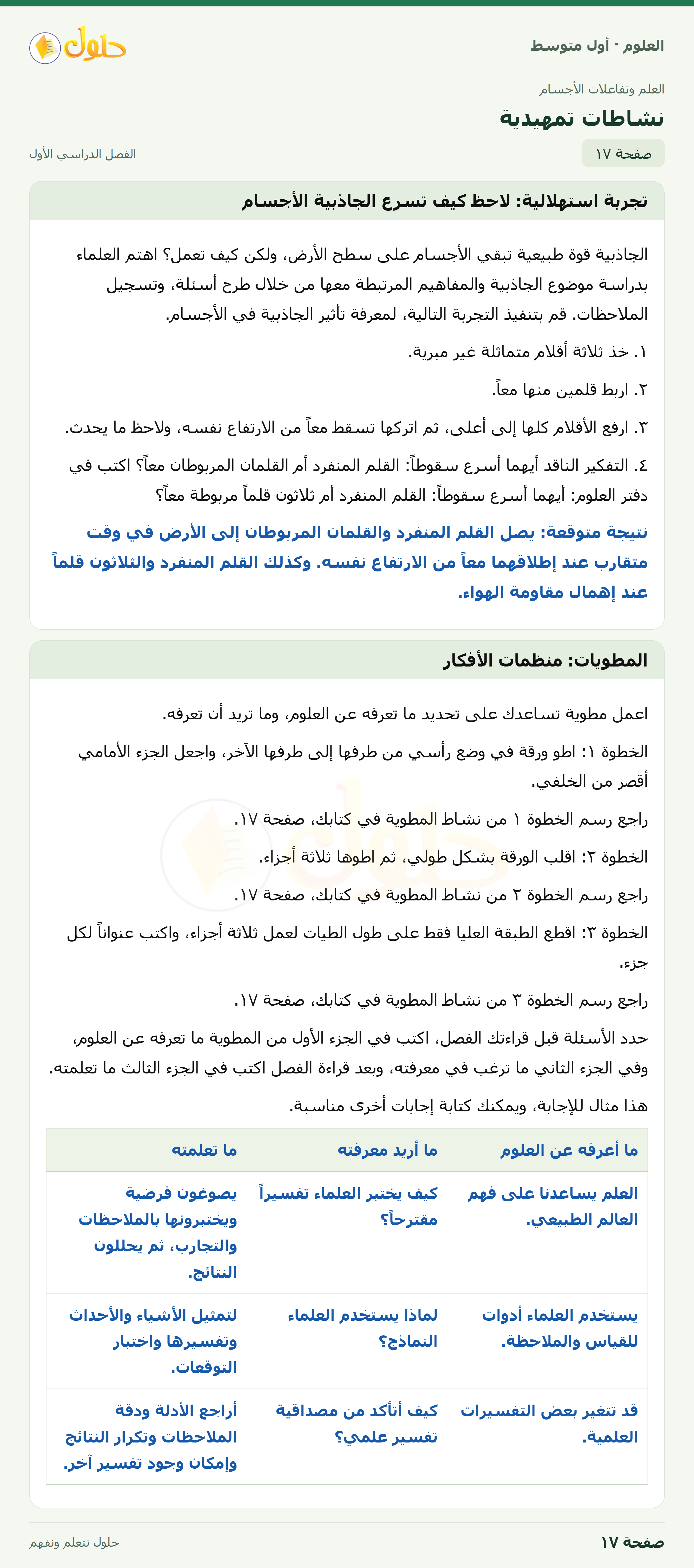 حل العلوم للصف الأول المتوسط صفحة ١٧ - الجزء ١