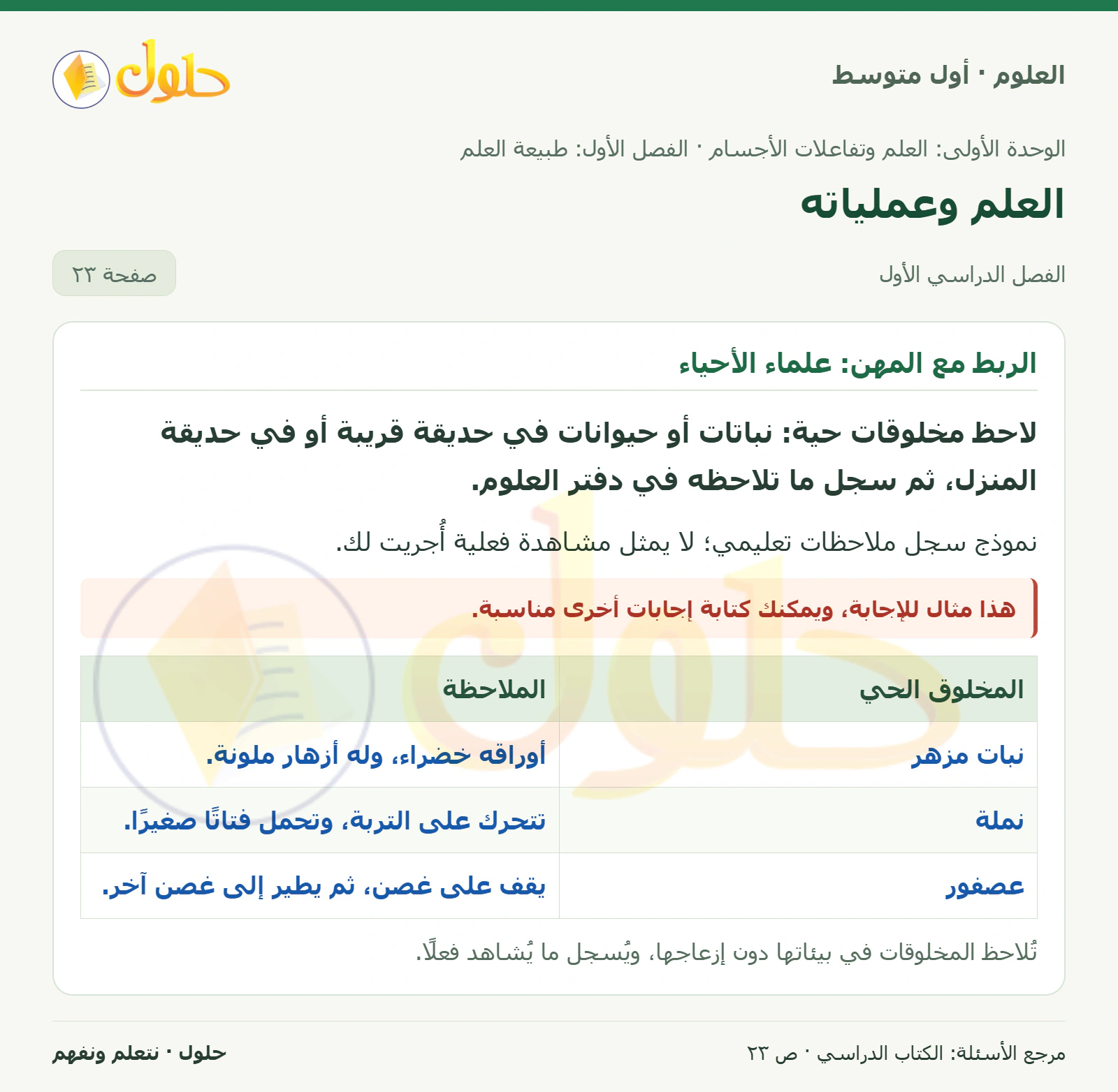 حل علوم الصف الأول المتوسط صفحة 23 الجزء 1