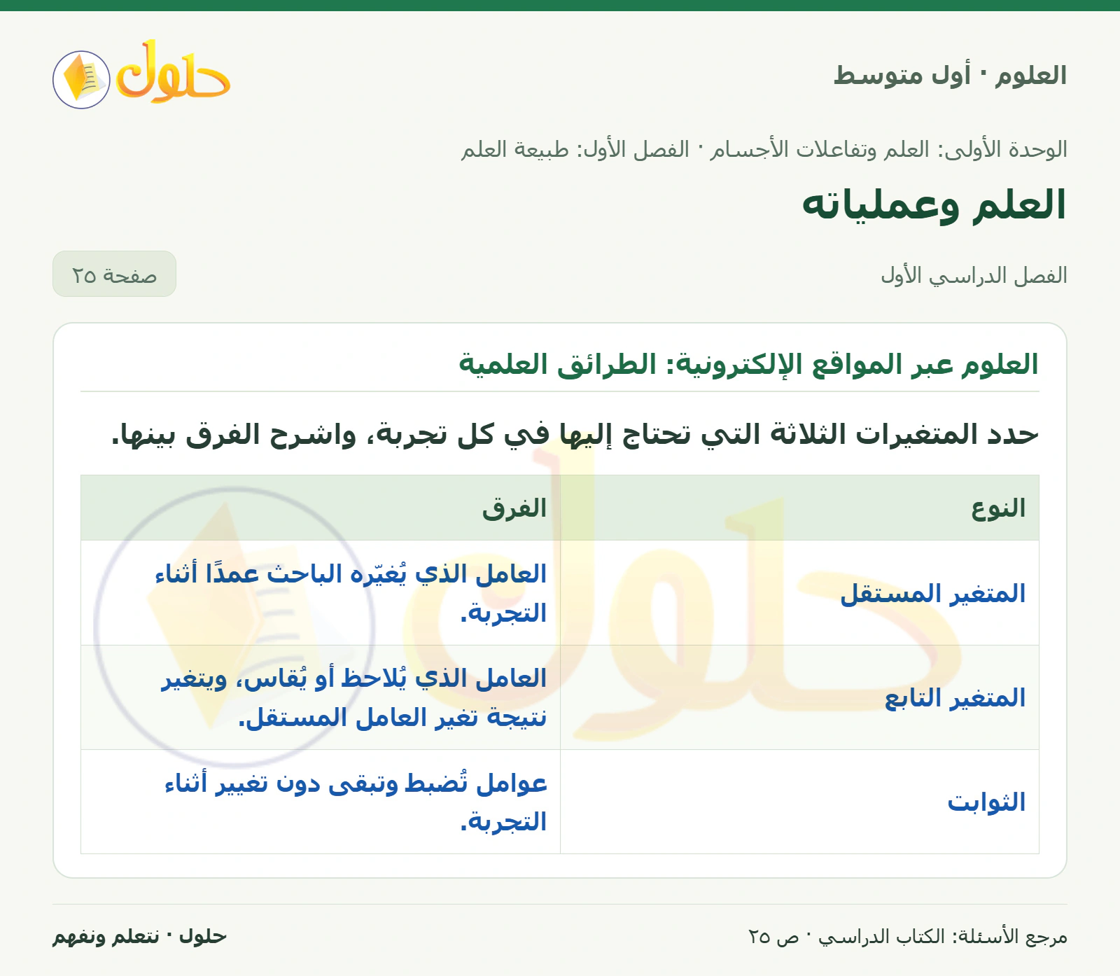 حل علوم الصف الأول المتوسط صفحة 25 الجزء 1