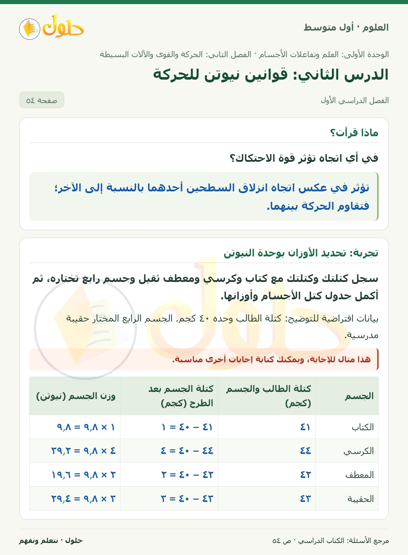 حل علوم الصف الأول المتوسط صفحة 54 الجزء 1