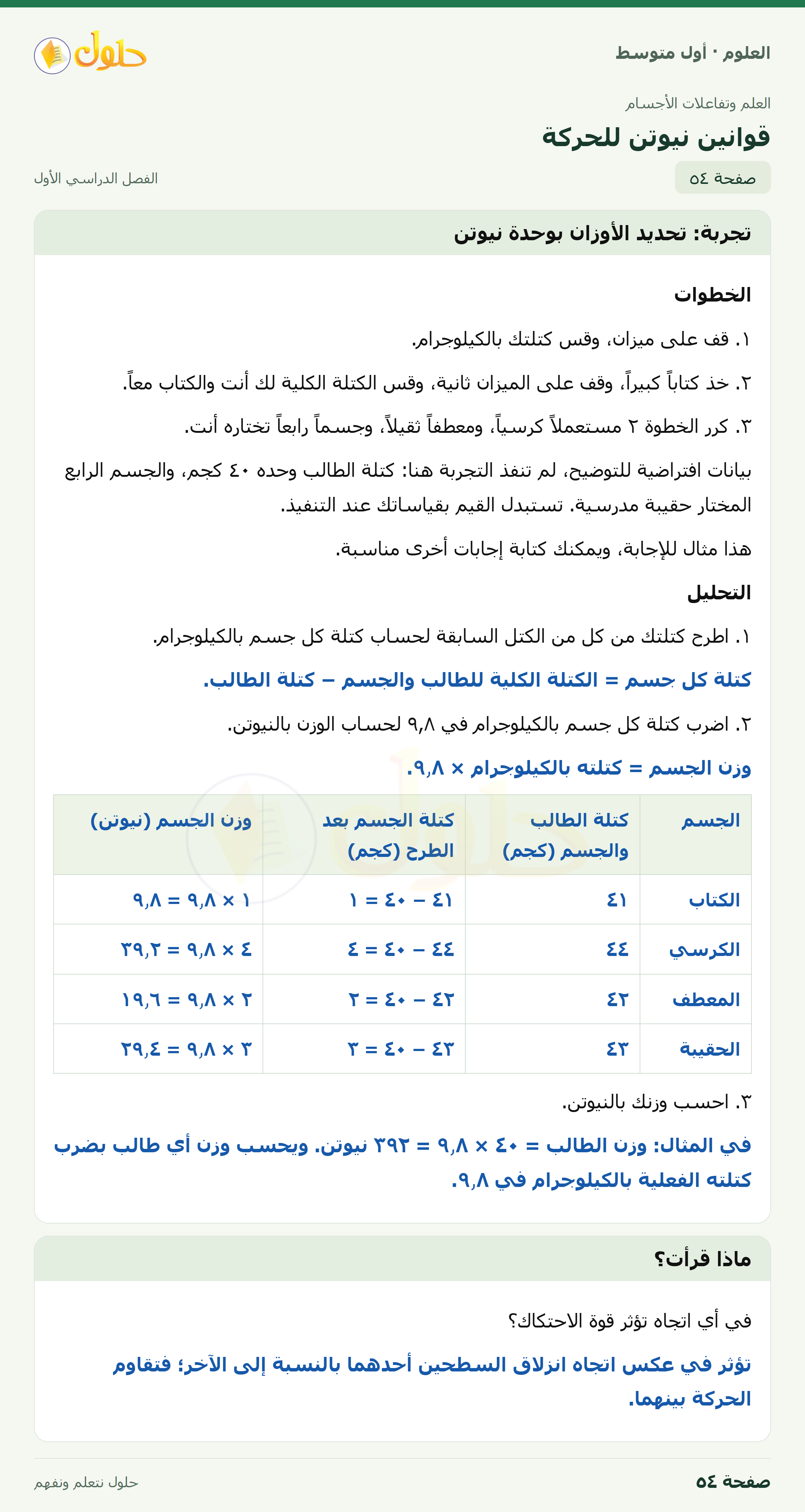 حل العلوم للصف الأول المتوسط صفحة ٥٤ - الجزء ١