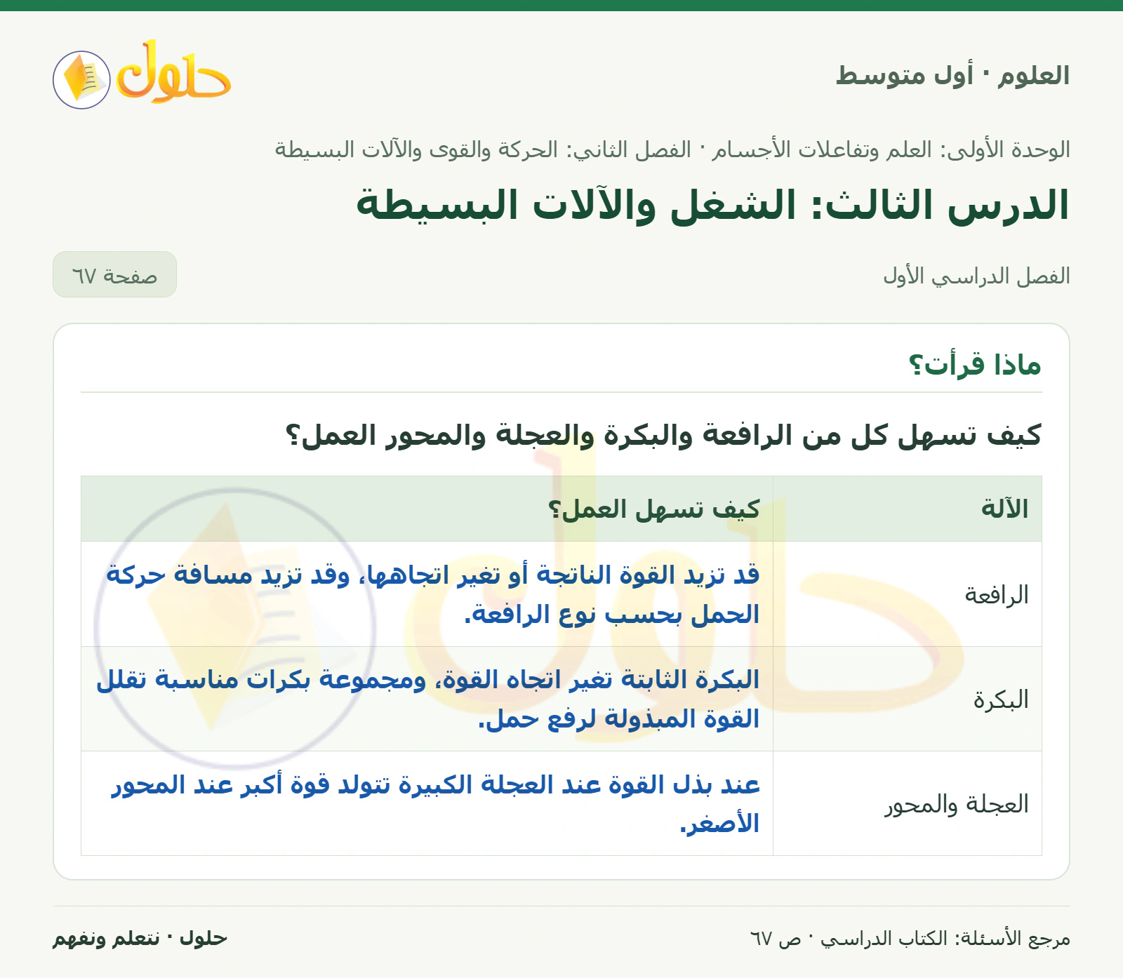 حل علوم الصف الأول المتوسط صفحة 67 الجزء 1
