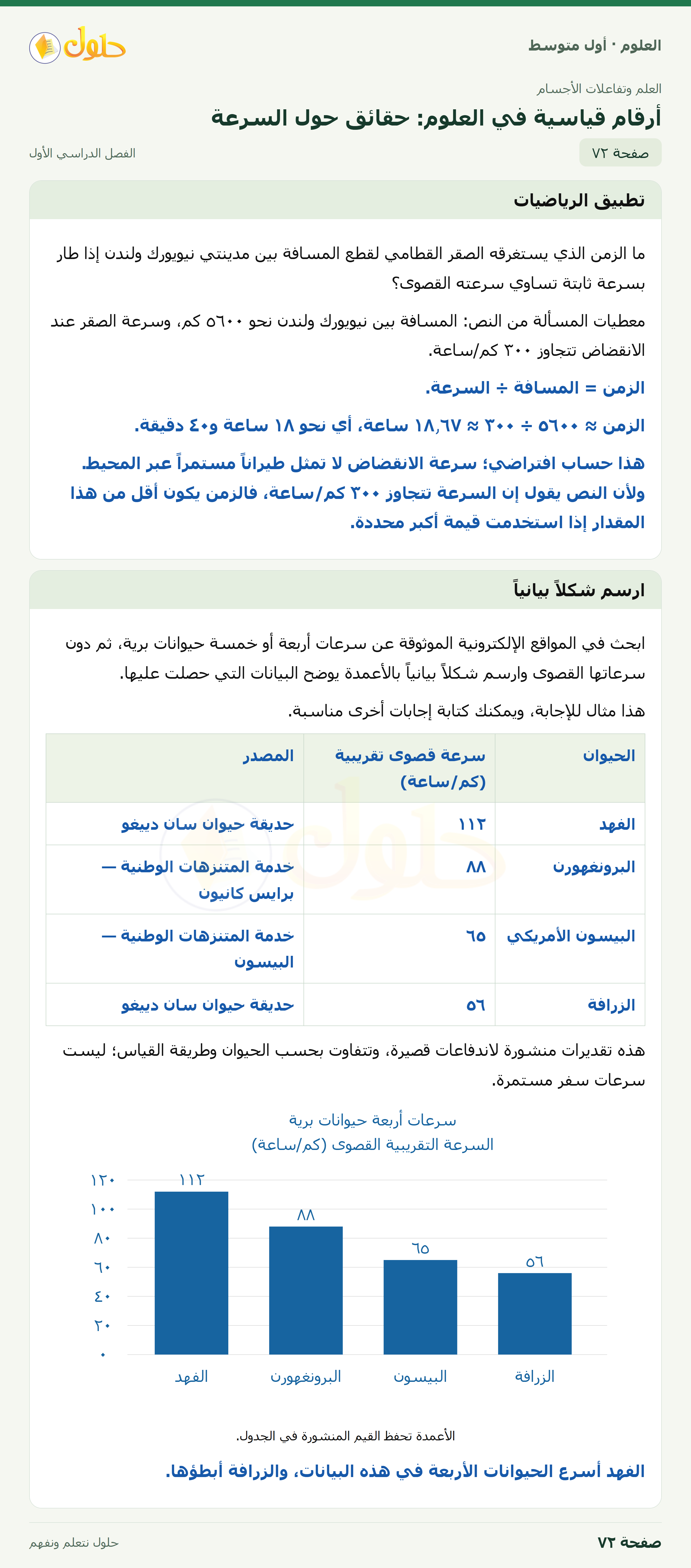 حل العلوم للصف الأول المتوسط صفحة ٧٢ - الجزء ١