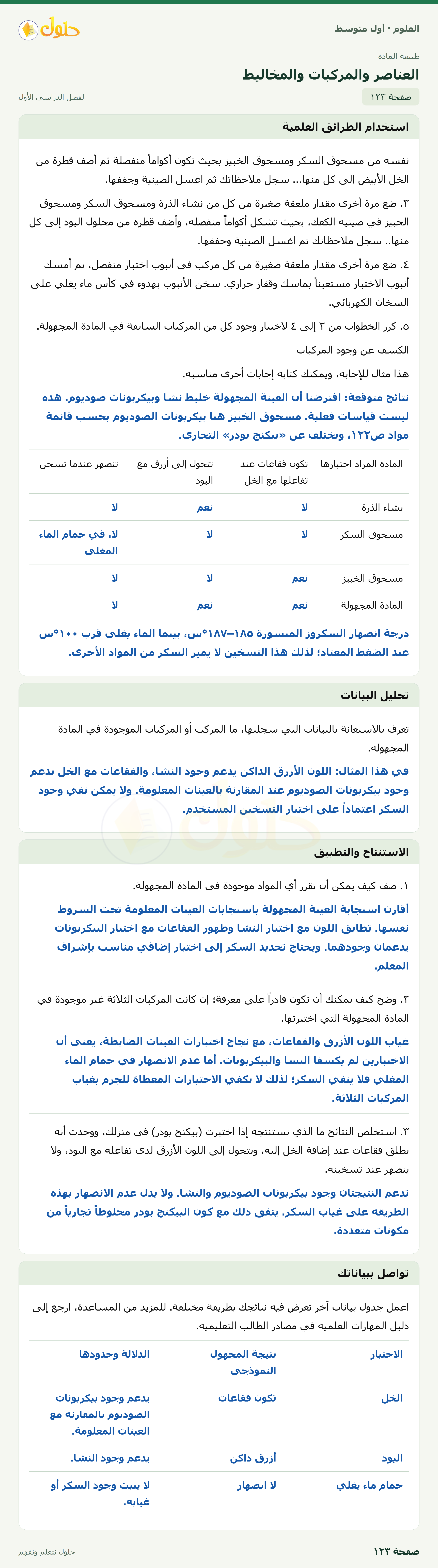 حل العلوم للصف الأول المتوسط صفحة ١٢٣ - الجزء ١