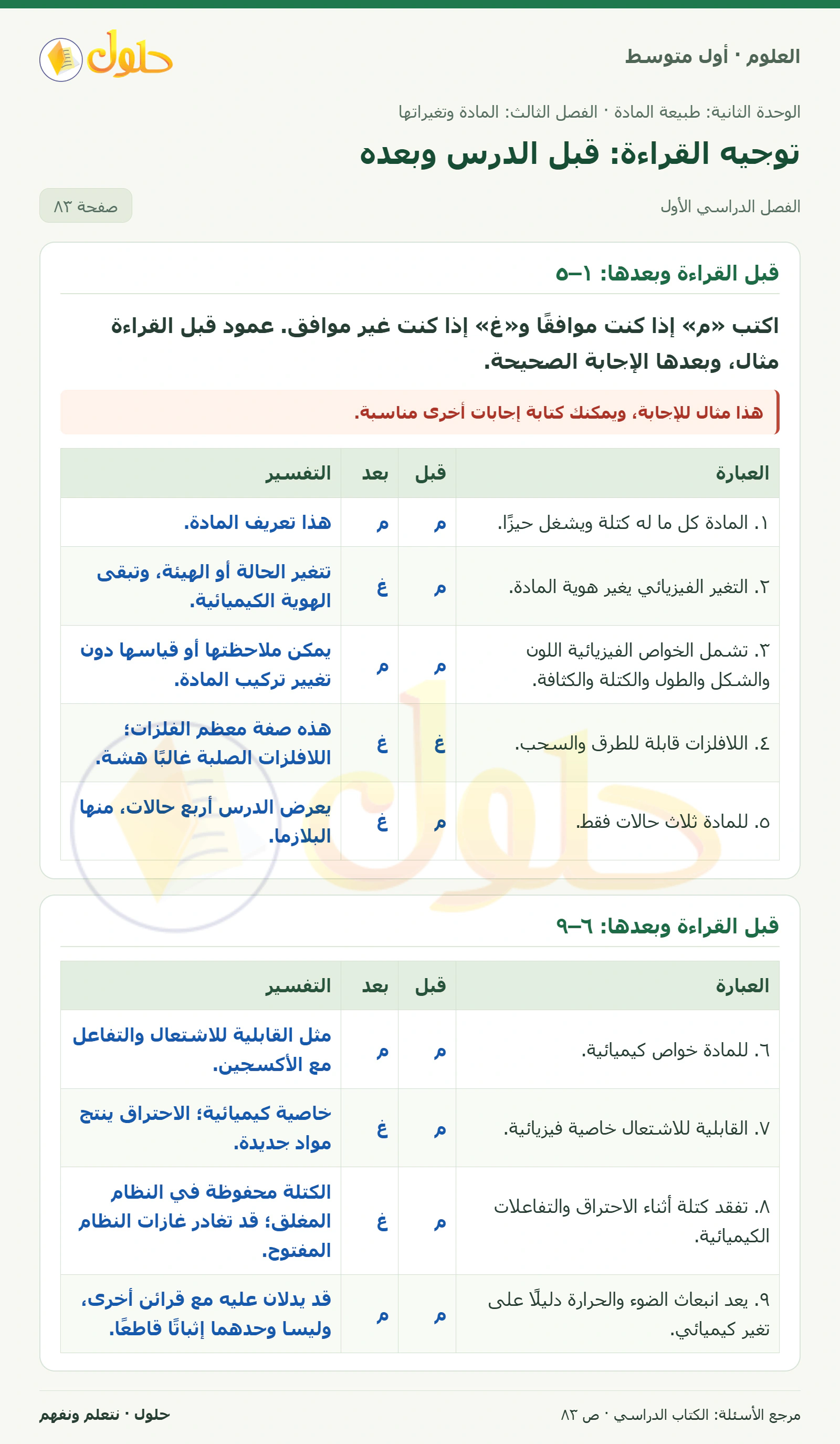 حل علوم الصف الأول المتوسط صفحة 83 الجزء 1