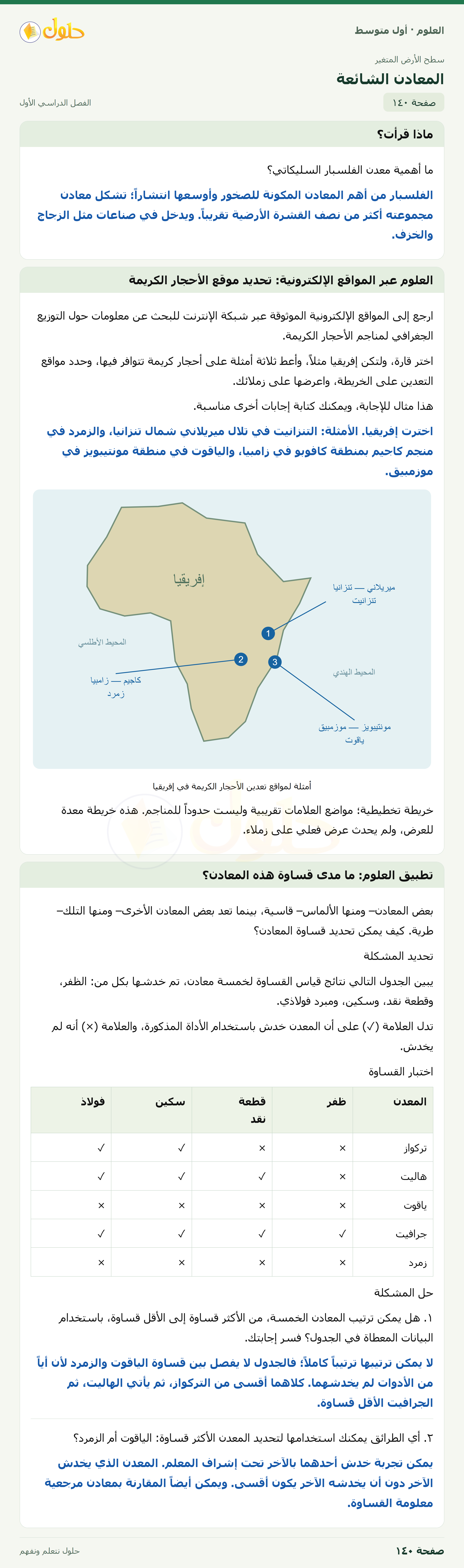 حل العلوم للصف الأول المتوسط صفحة ١٤٠ - الجزء ١