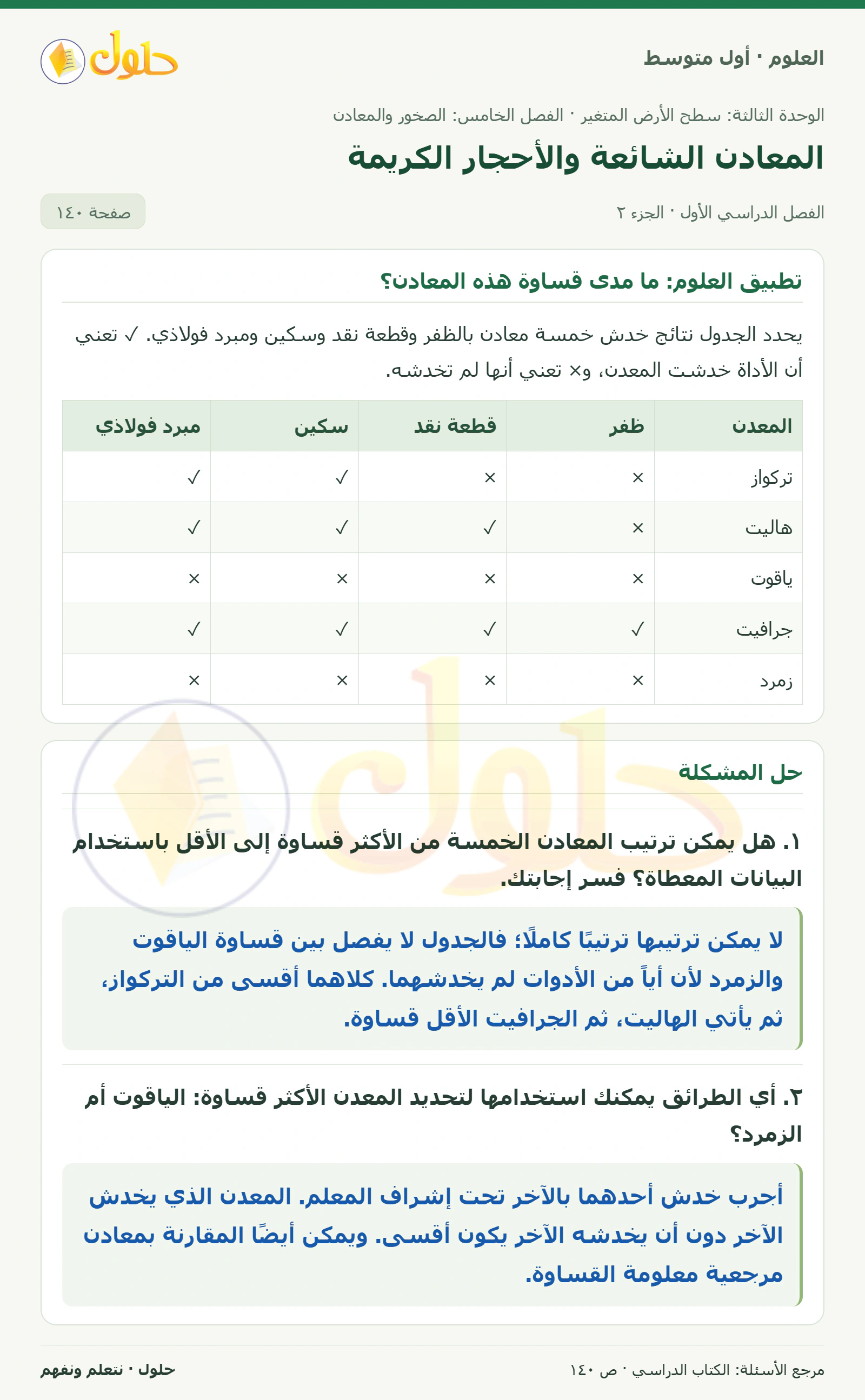 حل علوم الصف الأول المتوسط صفحة 140 الجزء 2