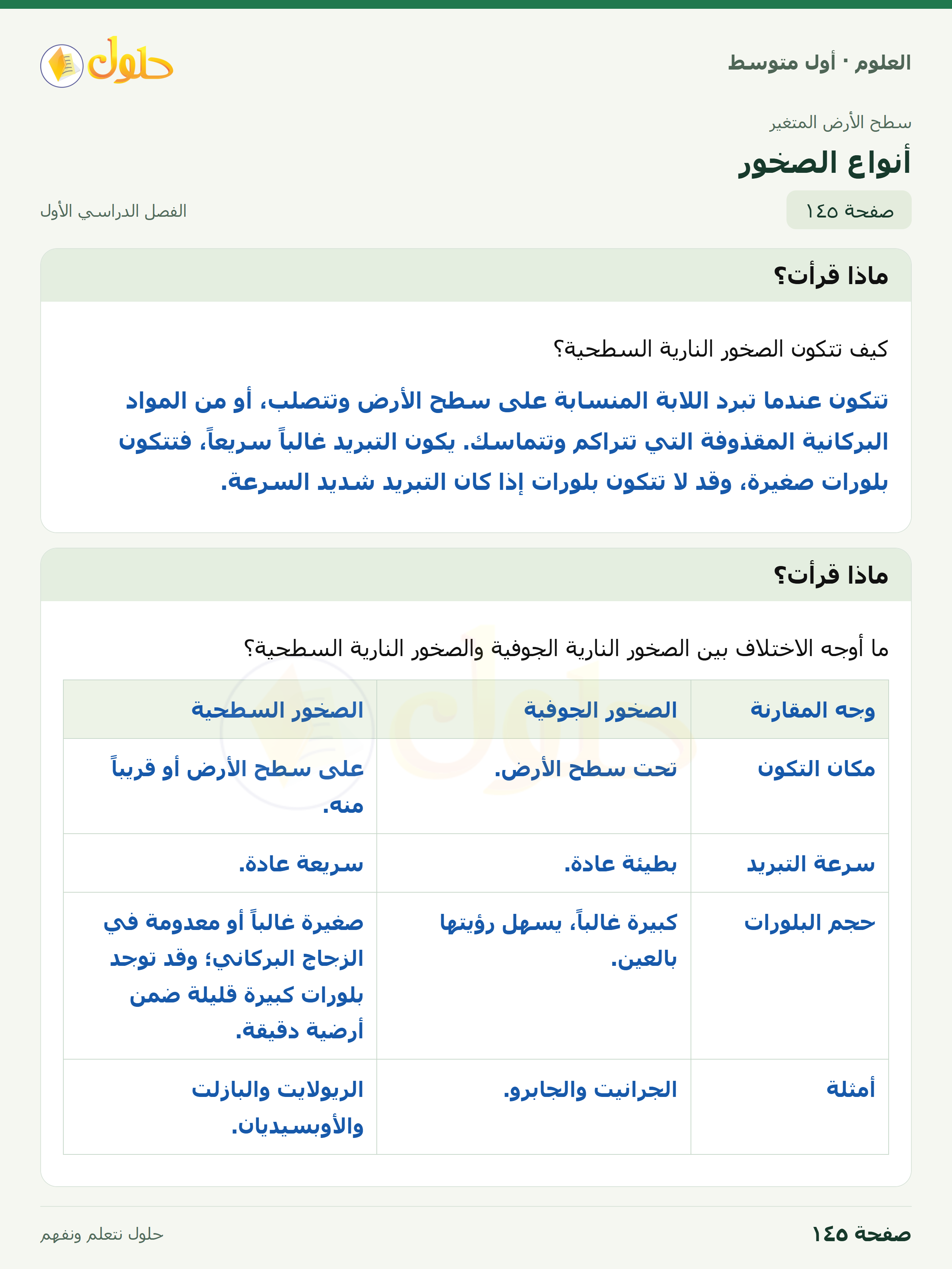 حل العلوم للصف الأول المتوسط صفحة ١٤٥ - الجزء ١
