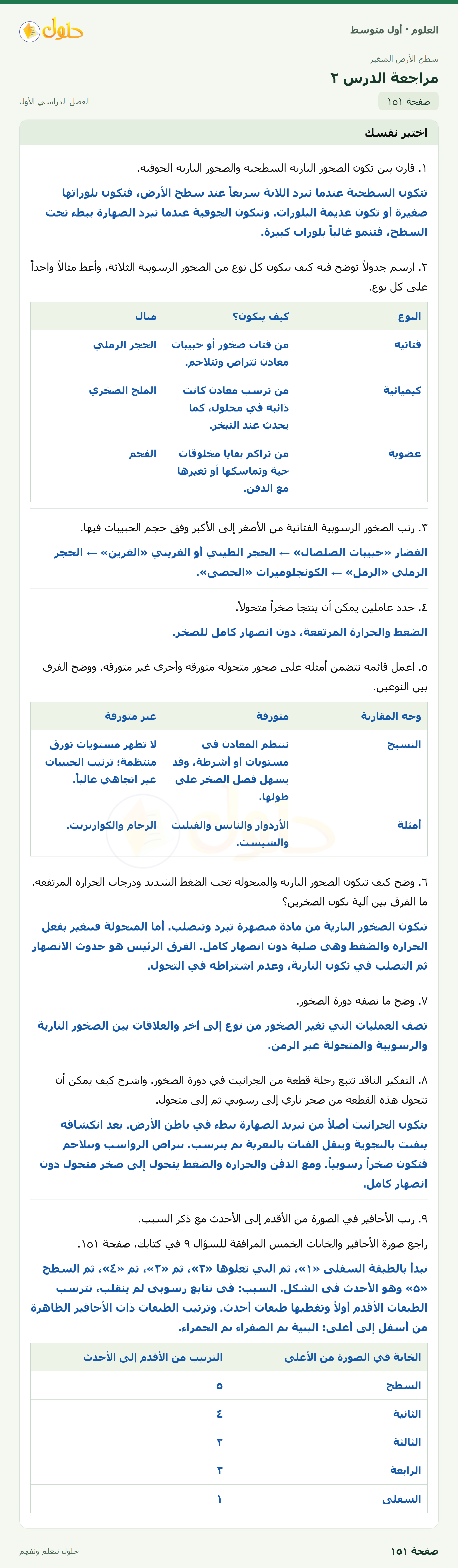 حل العلوم للصف الأول المتوسط صفحة ١٥١ - الجزء ١