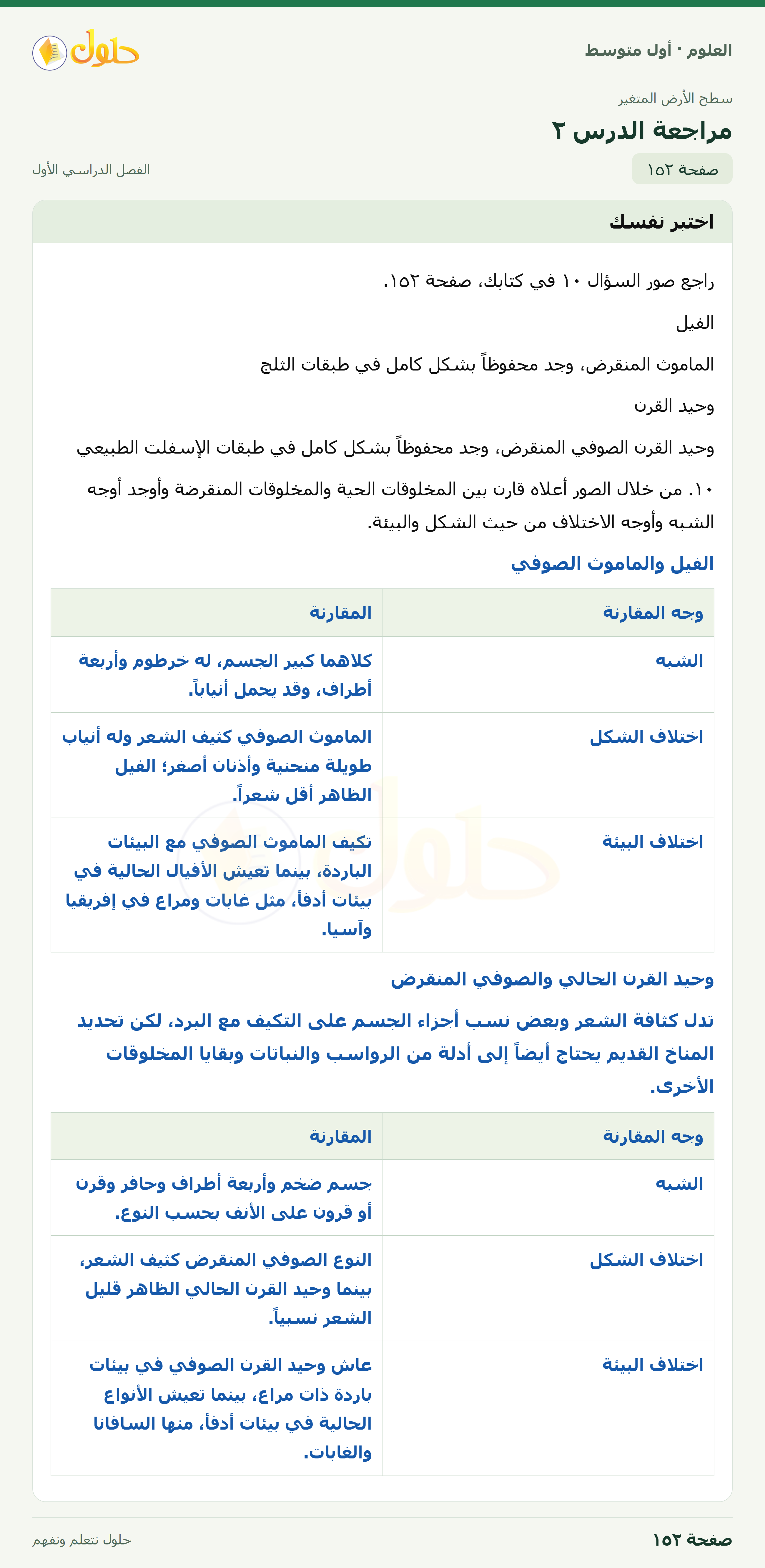 حل العلوم للصف الأول المتوسط صفحة ١٥٢ - الجزء ١